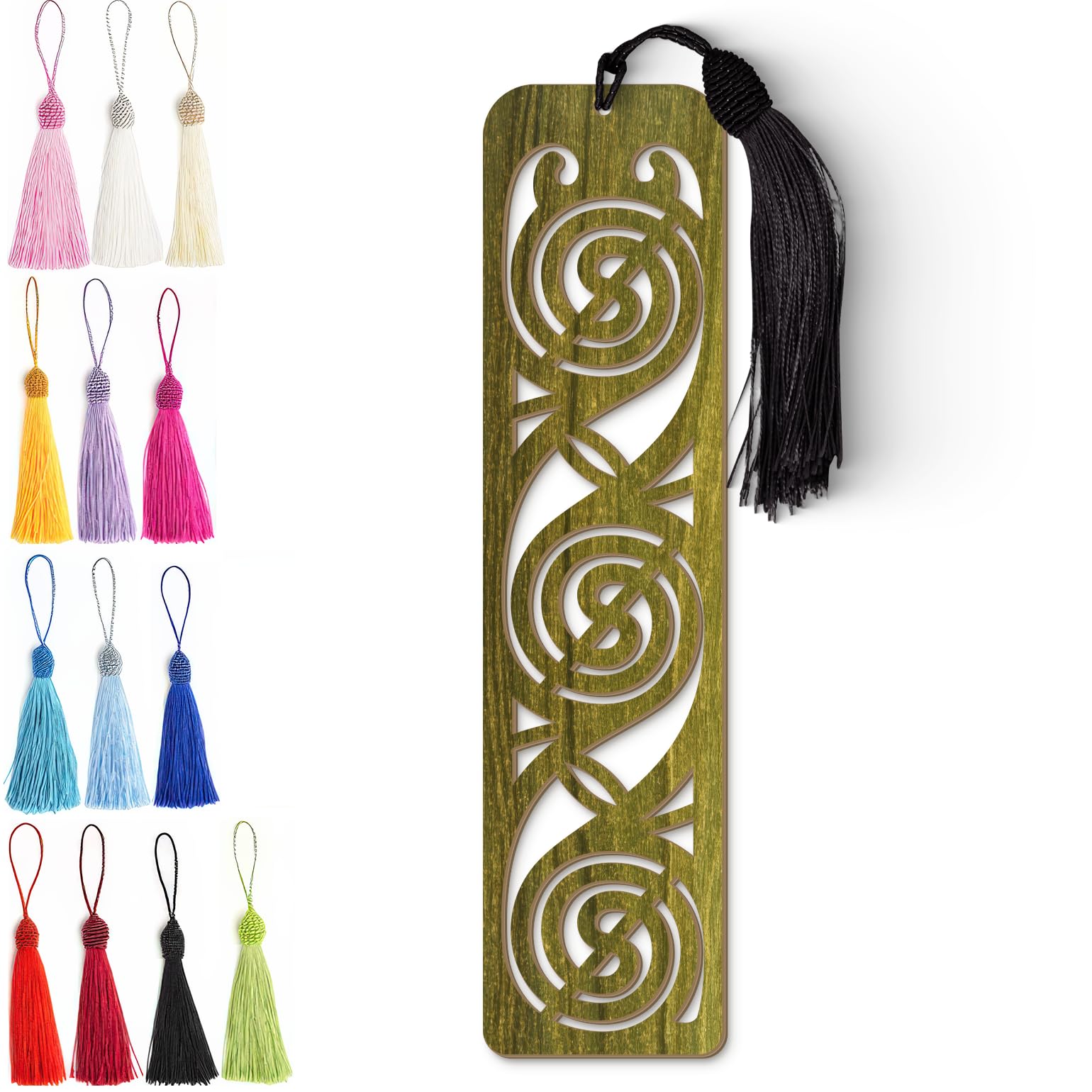 Wooden Bookmark - Celtic Spiral Laser Cut Bookmark with Olive Green Finish & Tassel Charm