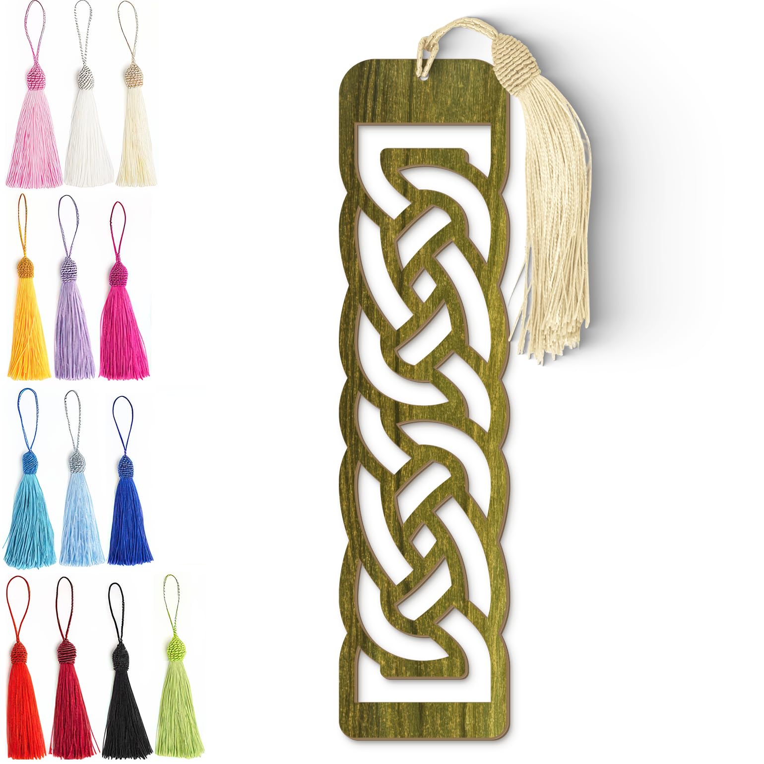 Celtic Wooden Bookmark – Laser Cut Olive Green Woodgrain Finish with Tassel