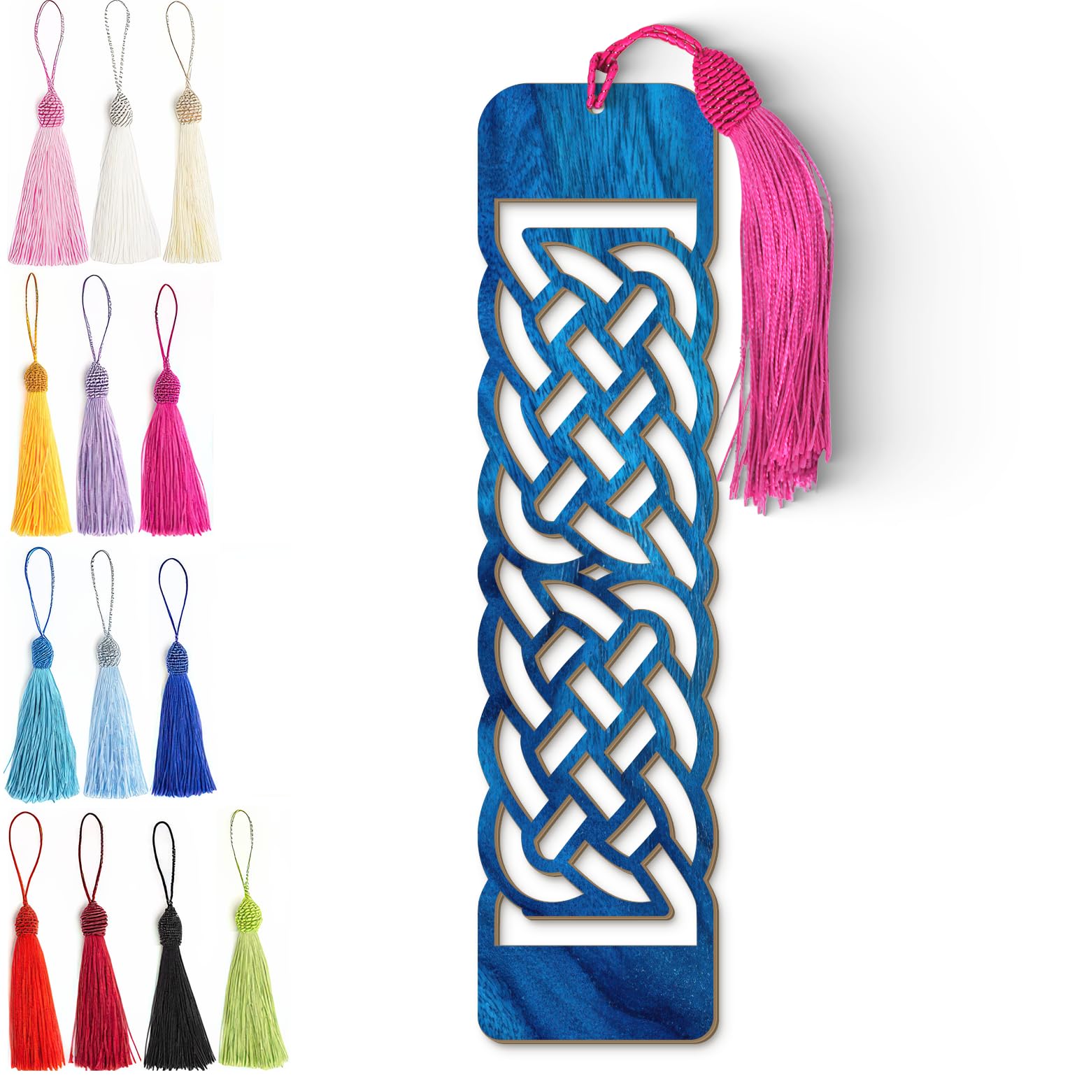 Celtic Wooden Bookmark – Laser Cut Blue Wood Grain Bookmark with Silky Tassel