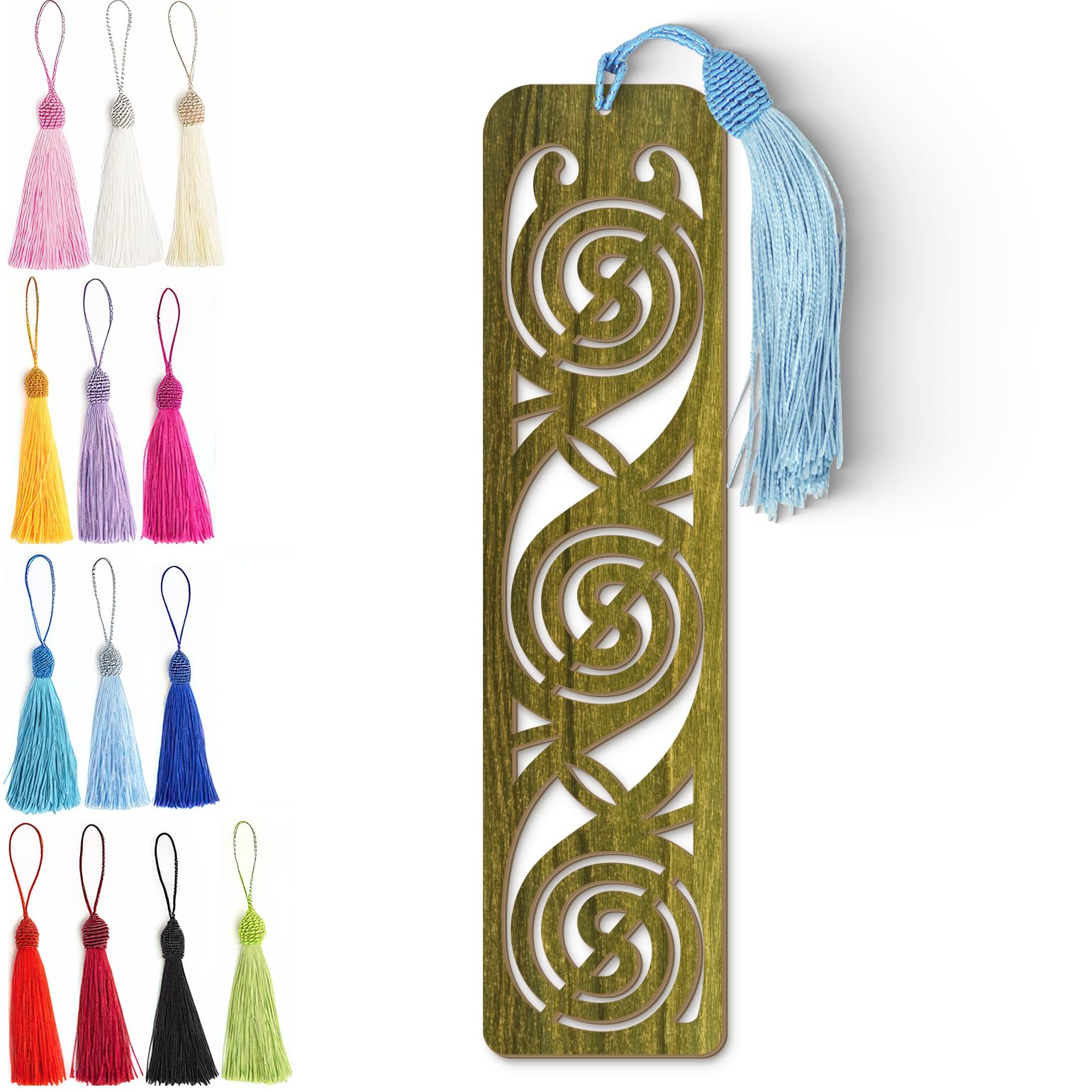 Wooden Bookmark - Celtic Spiral Laser Cut Bookmark with Olive Green Finish & Tassel Charm