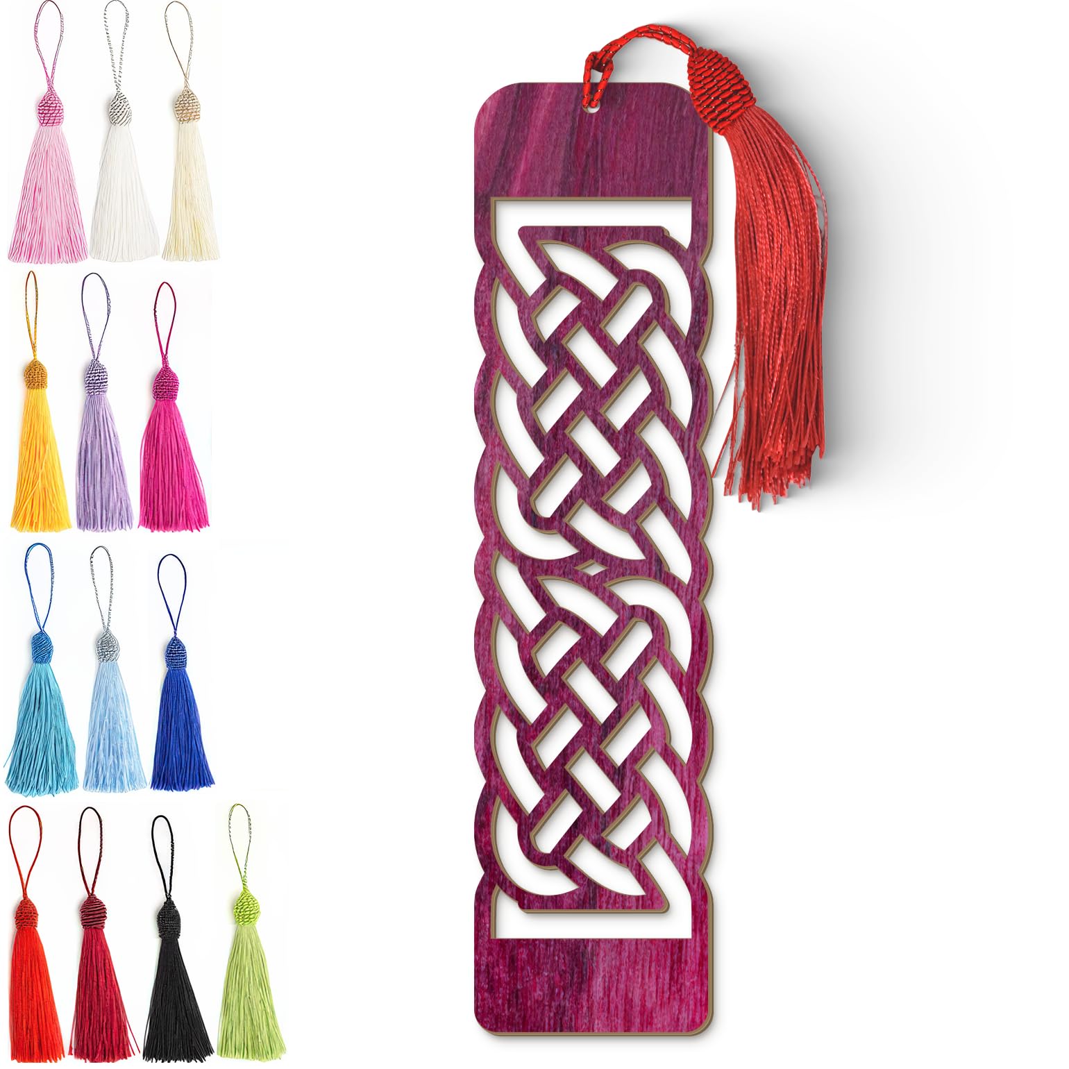 Celtic Wooden Bookmark – Laser Cut Purple Wood Grain With Tassel, Handmade Knotwork