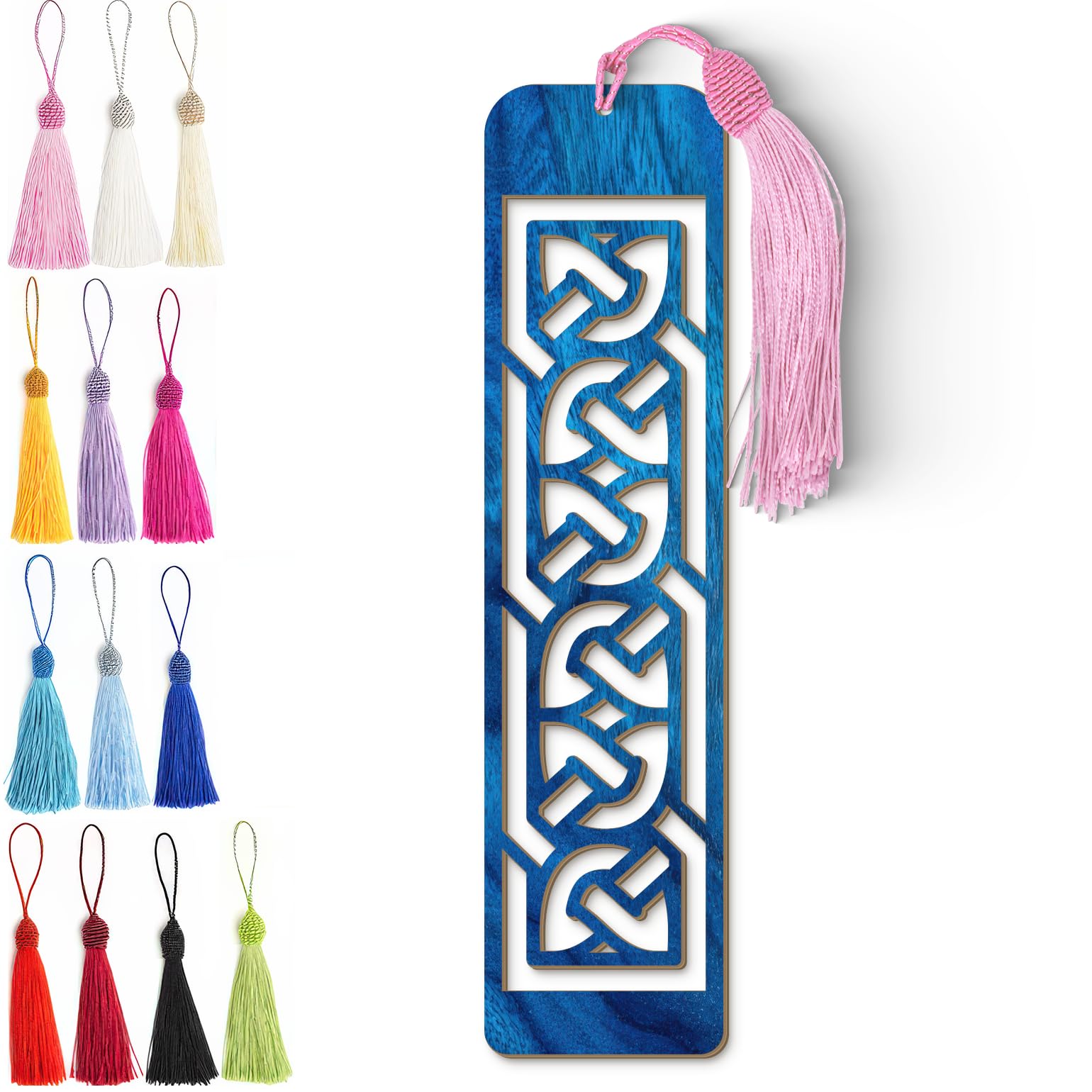 Celtic Wooden Bookmark – Laser Cut Interlocking Knot Design | Blue Wood Finish Tassel