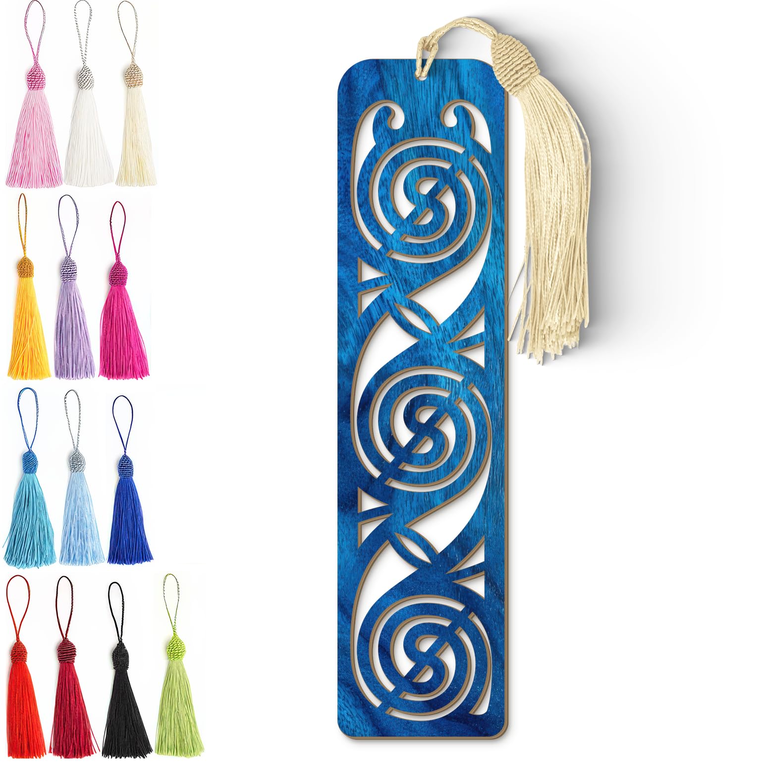 Celtic Wooden Bookmark – Laser Cut Triskele Design with Blue Wood Finish Tassel