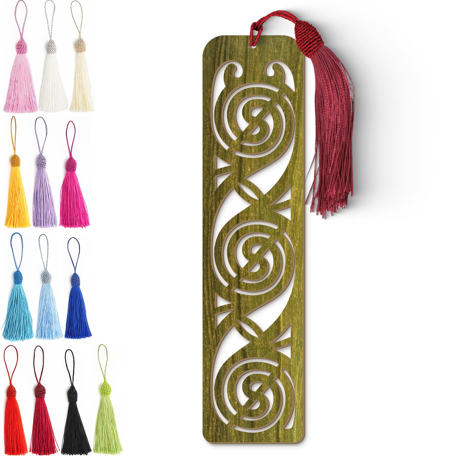 Wooden Bookmark - Celtic Spiral Laser Cut Bookmark with Olive Green Finish & Tassel Charm