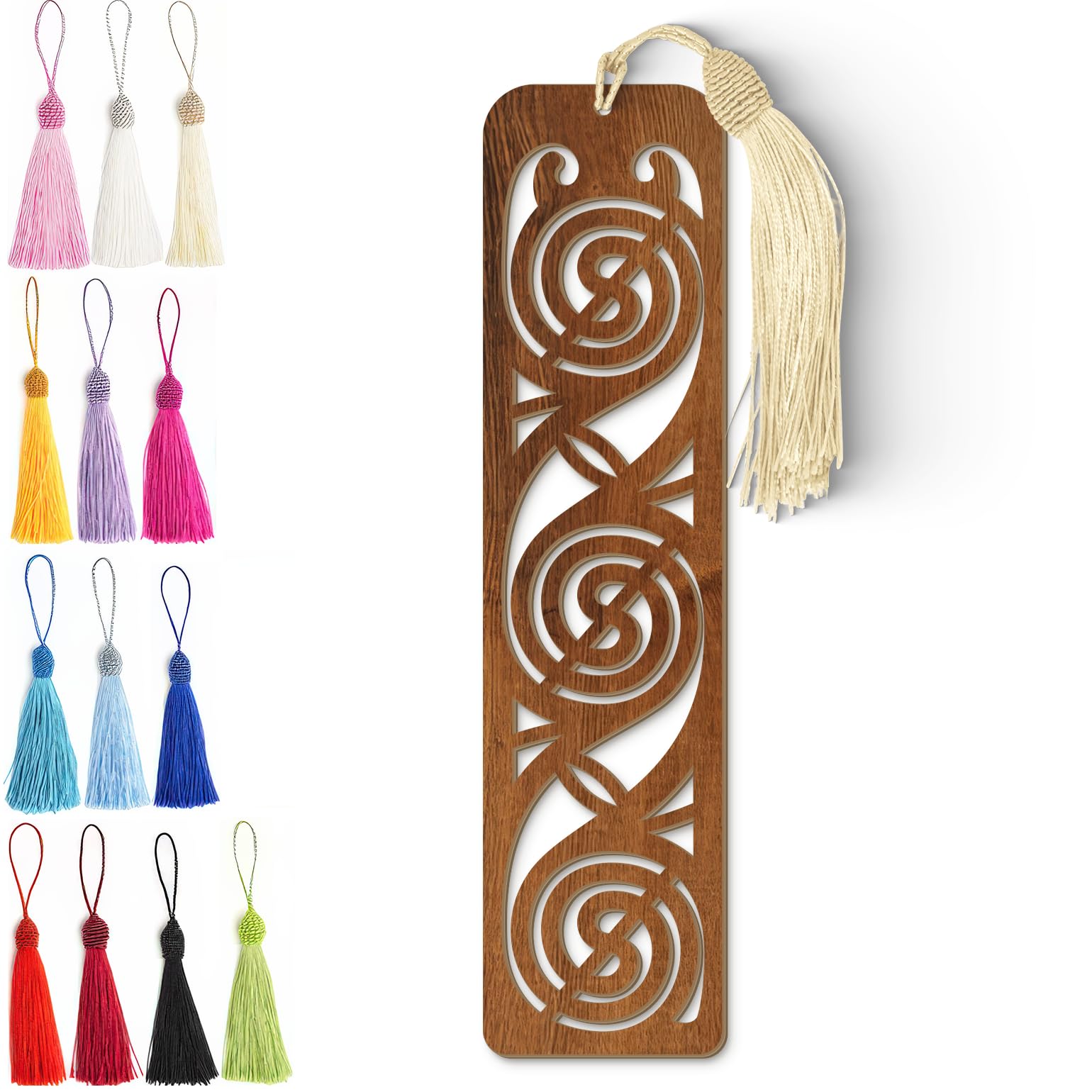 Wooden Bookmark | Celtic Spiral Design - Laser Cut Dark Wood Finish with Tassel