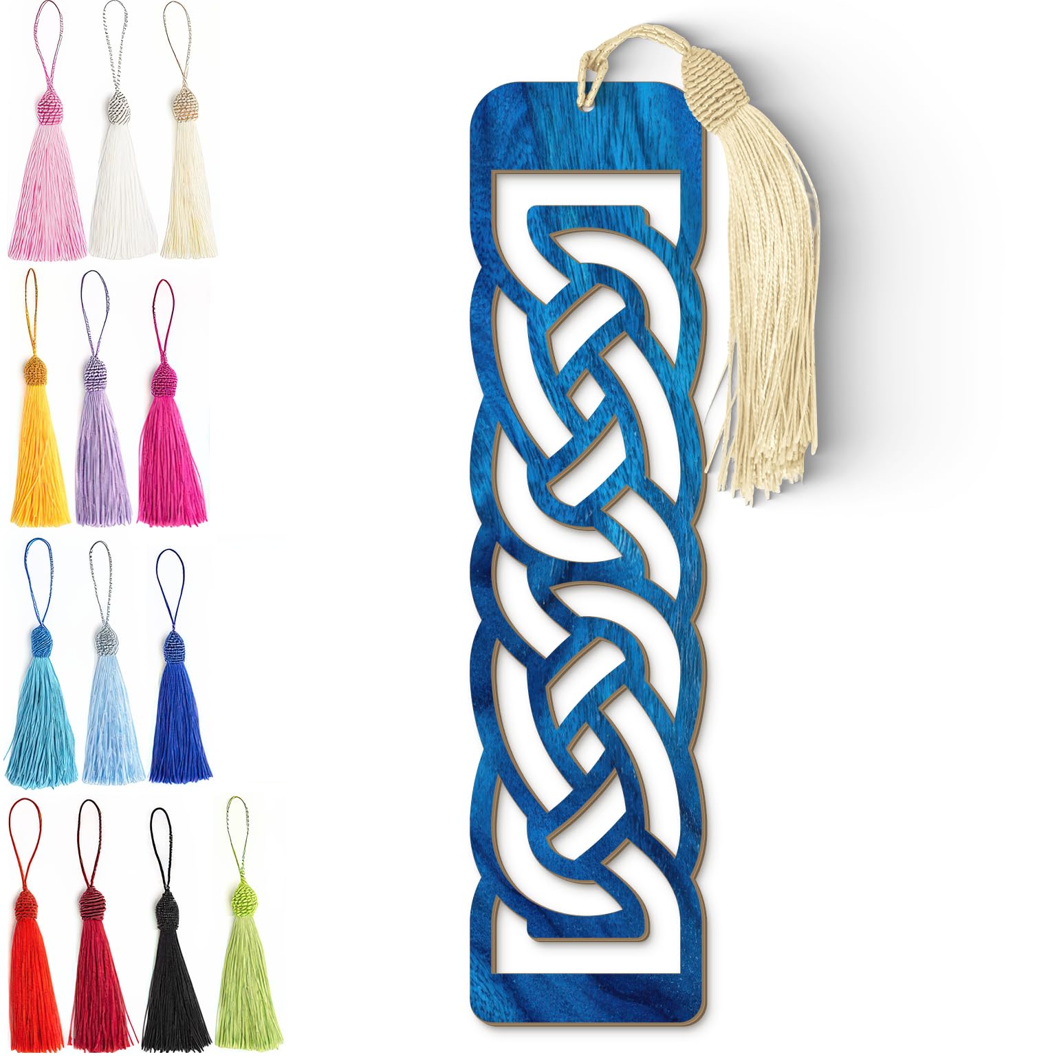 Celtic Wooden Bookmark – Laser Cut Interlocking Knot Design | Blue Wood Finish Tassel