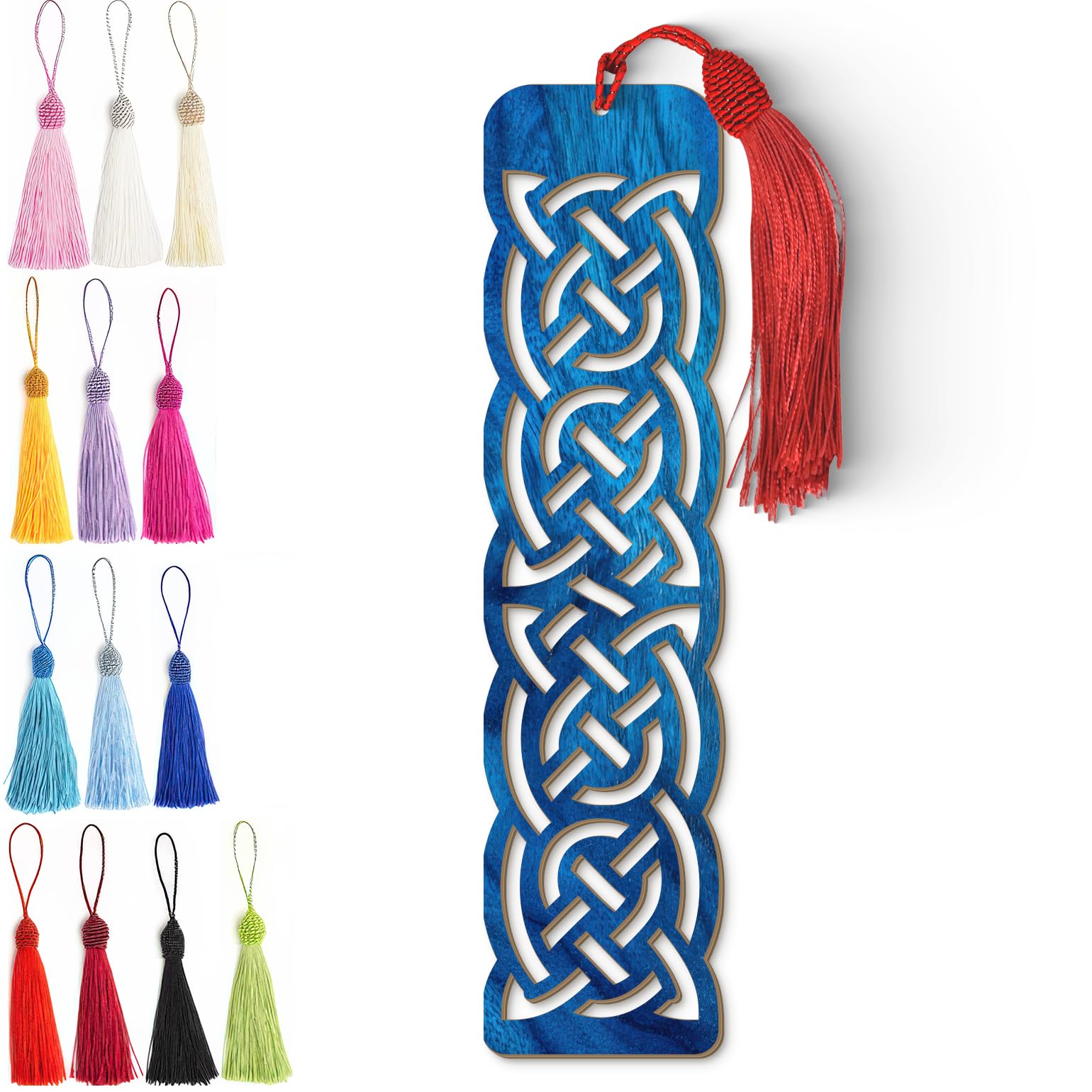 Celtic Wooden Bookmark – Handmade Laser Cut Blue Wood Knot Design with Tassel
