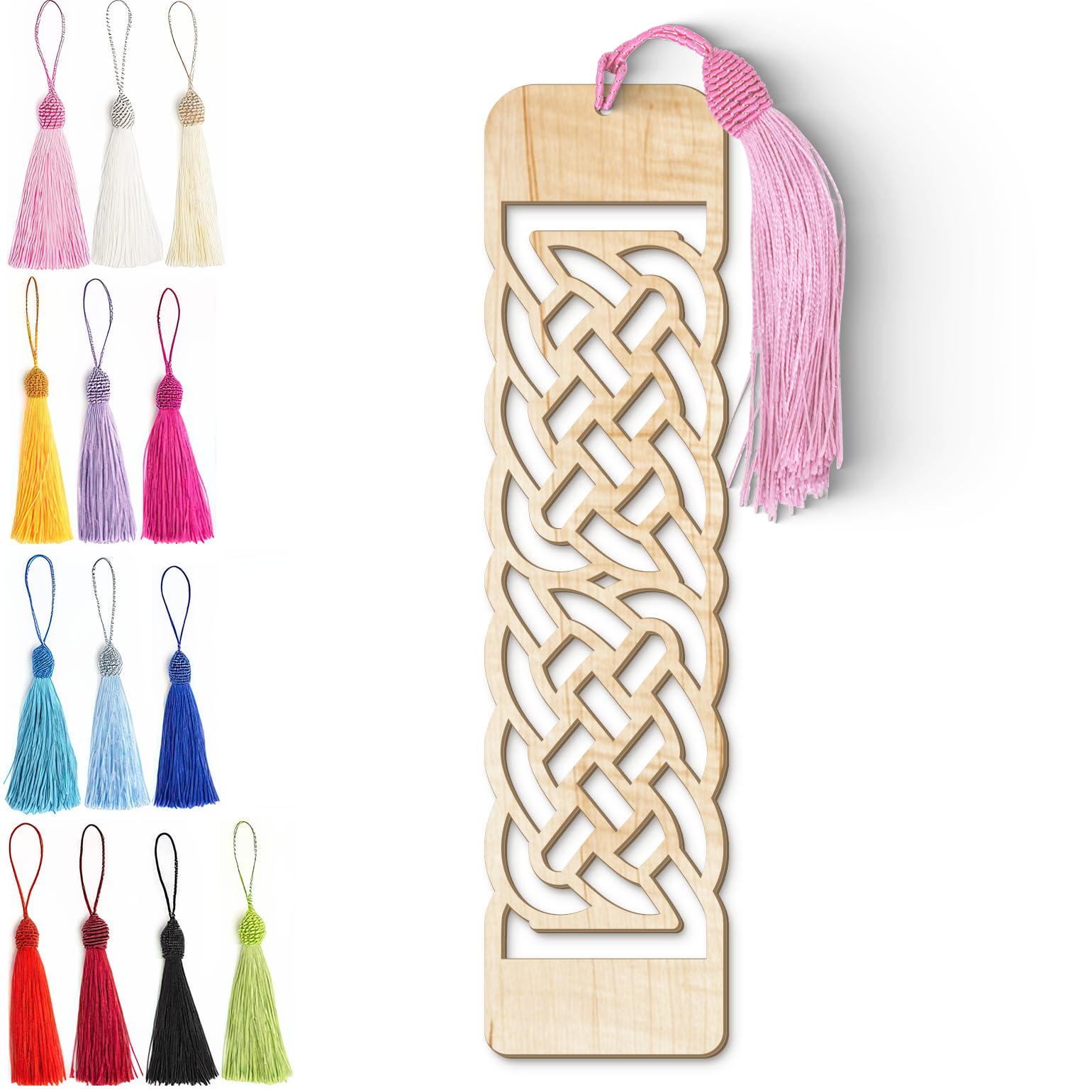 Celtic Knotted Braid Wooden Bookmark with Tassel – Intricate Laser-Cut Light Wood Grain Design