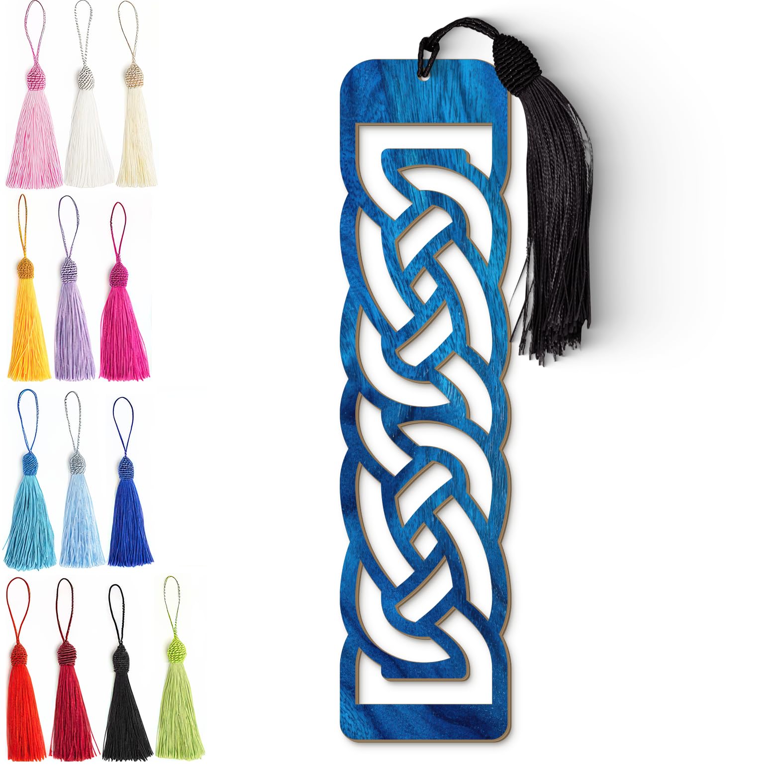 Celtic Wooden Bookmark – Laser Cut Interlocking Knot Design | Blue Wood Finish Tassel