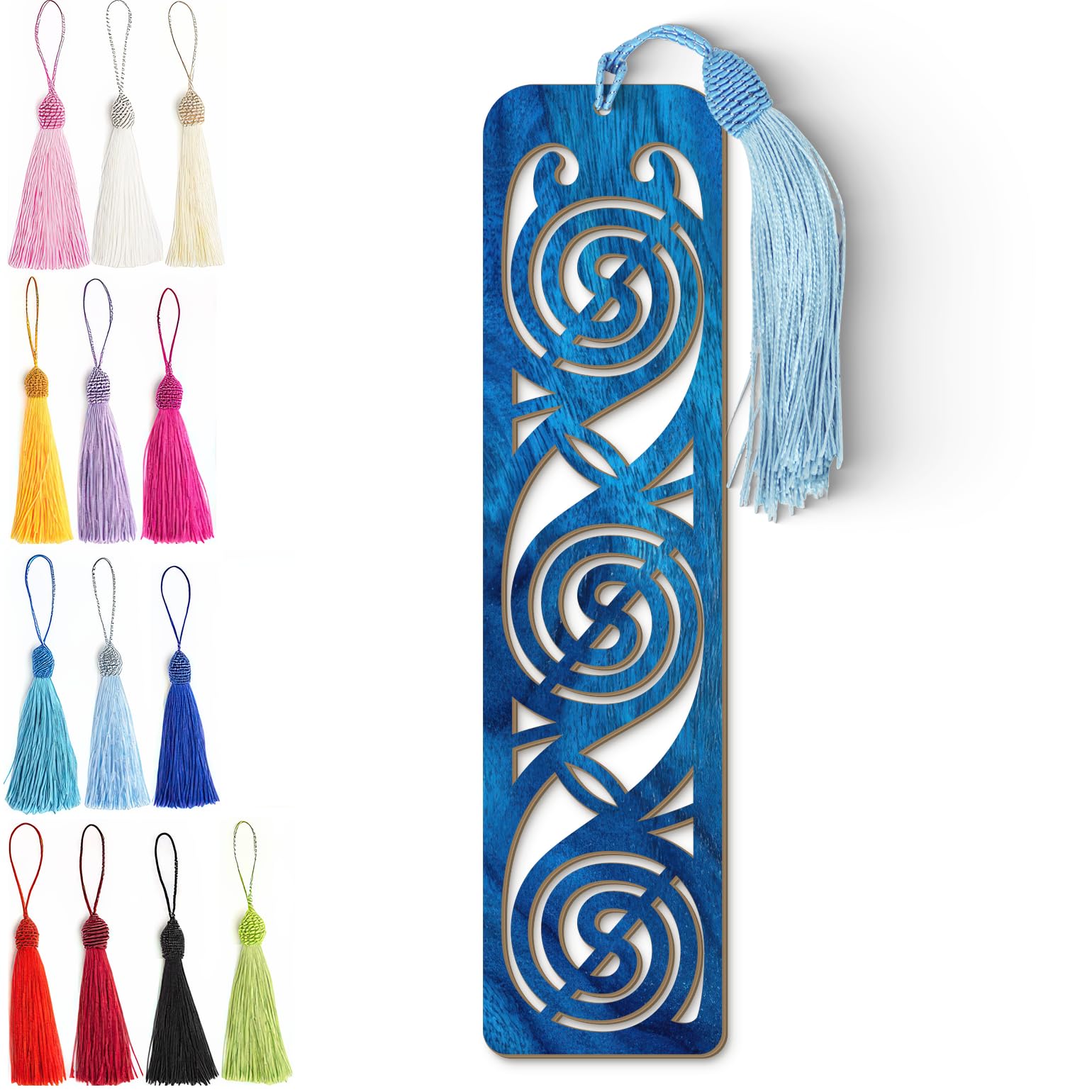 Celtic Wooden Bookmark – Laser Cut Triskele Design with Blue Wood Finish Tassel