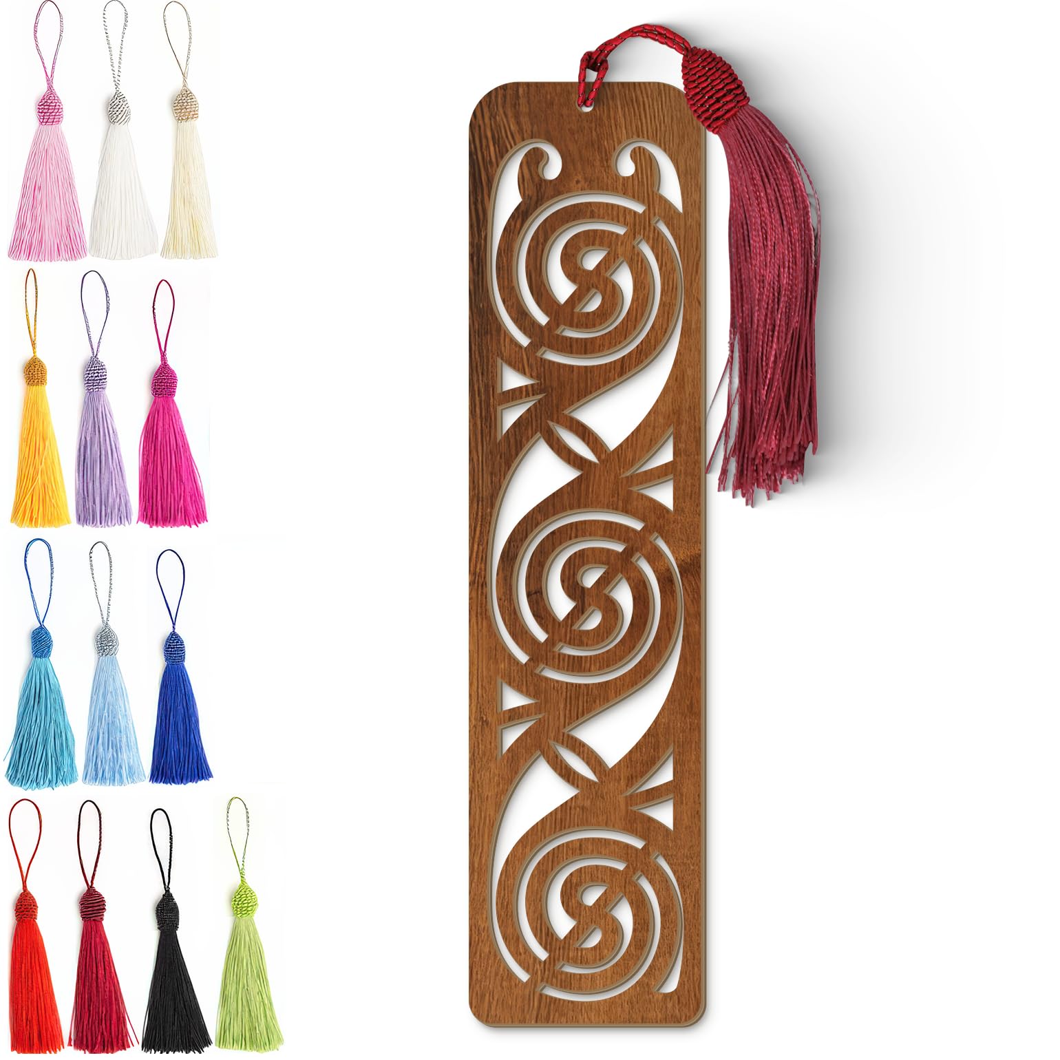 Wooden Bookmark | Celtic Spiral Design - Laser Cut Dark Wood Finish with Tassel