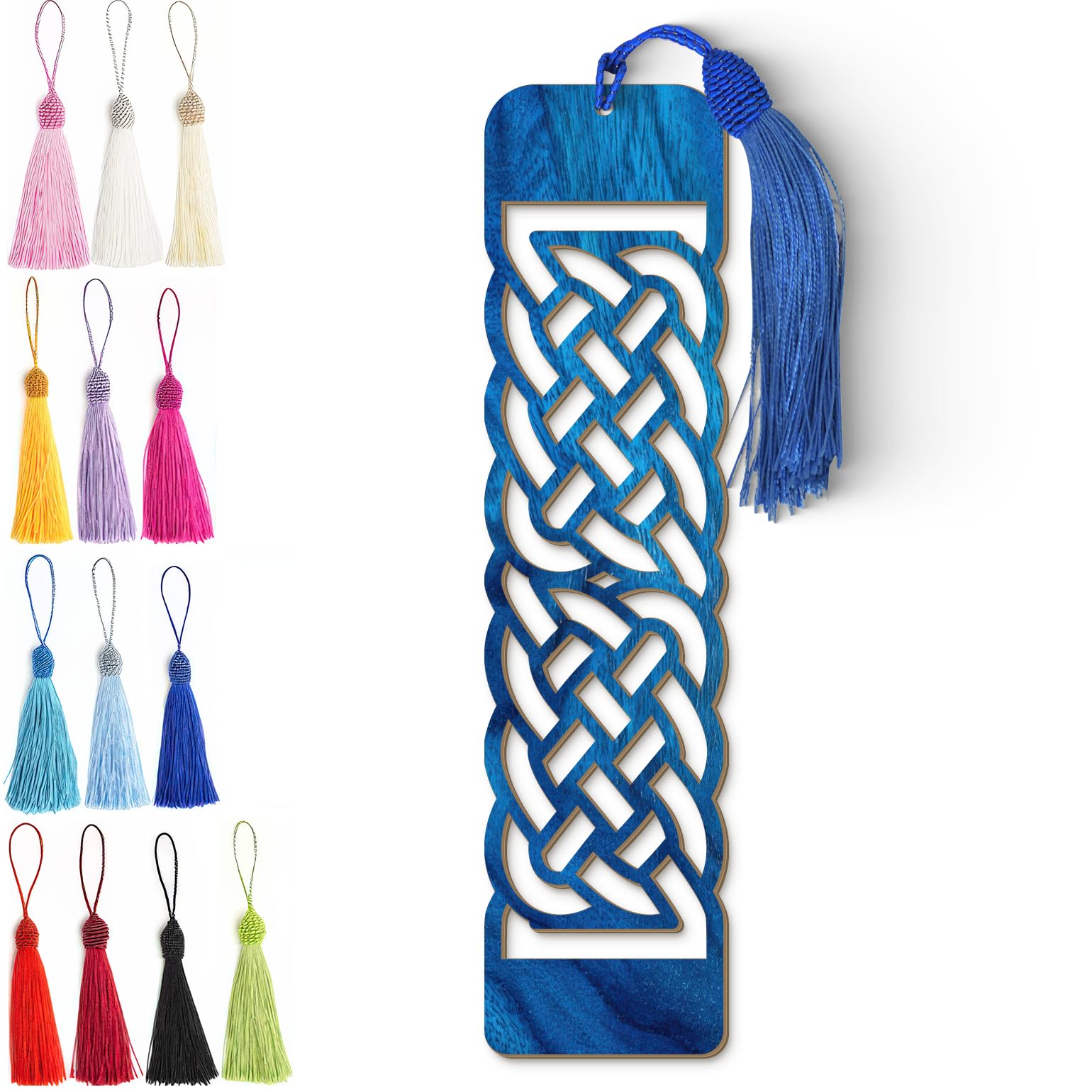 Celtic Wooden Bookmark – Laser Cut Blue Wood Grain Bookmark with Silky Tassel