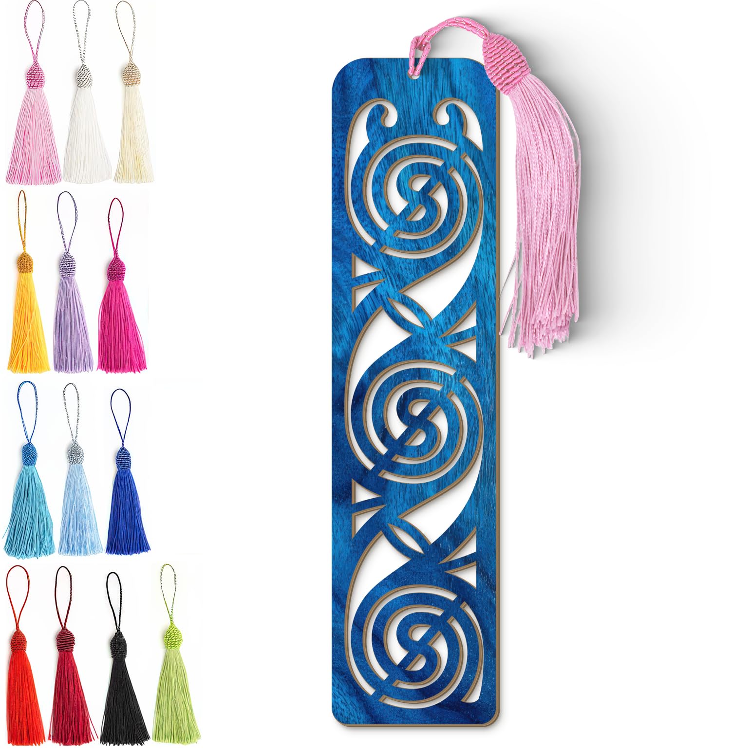 Celtic Wooden Bookmark – Laser Cut Triskele Design with Blue Wood Finish Tassel