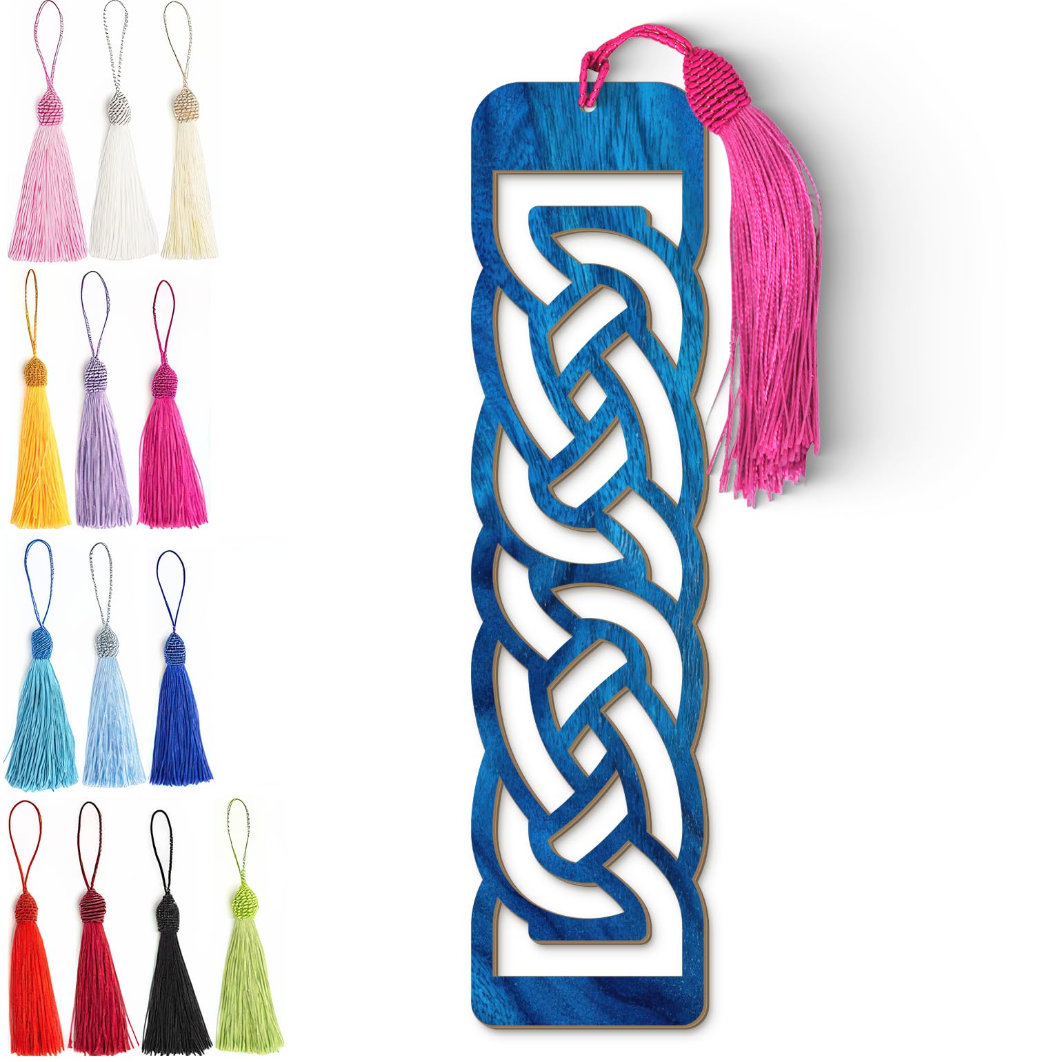 Celtic Wooden Bookmark – Laser Cut Interlocking Knot Design | Blue Wood Finish Tassel