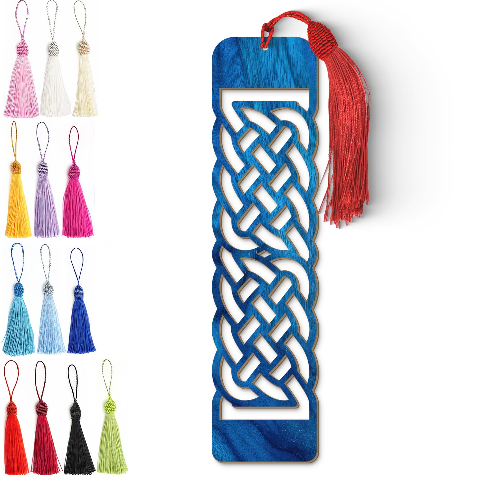 Celtic Wooden Bookmark – Laser Cut Blue Wood Grain Bookmark with Silky Tassel