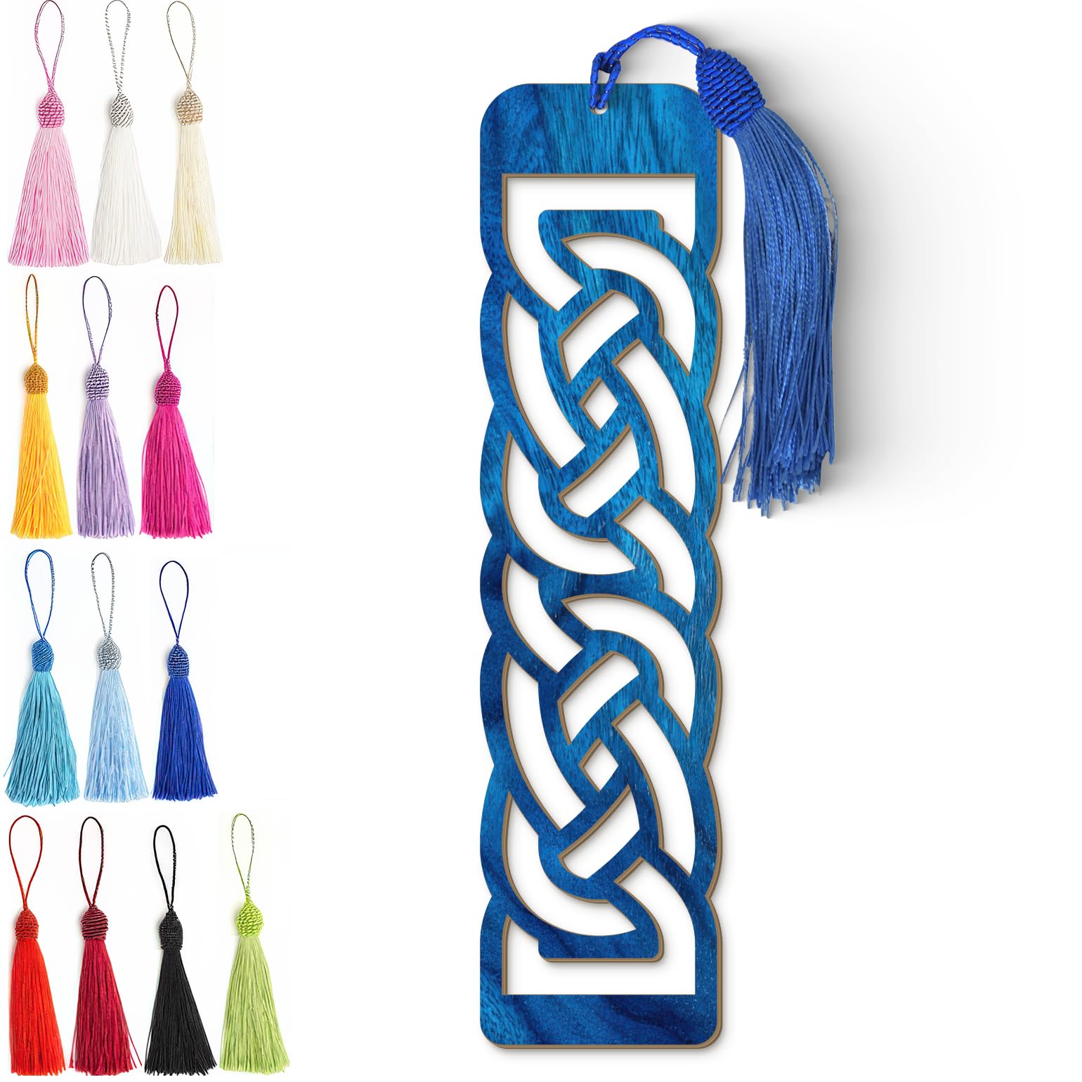 Celtic Wooden Bookmark – Laser Cut Interlocking Knot Design | Blue Wood Finish Tassel