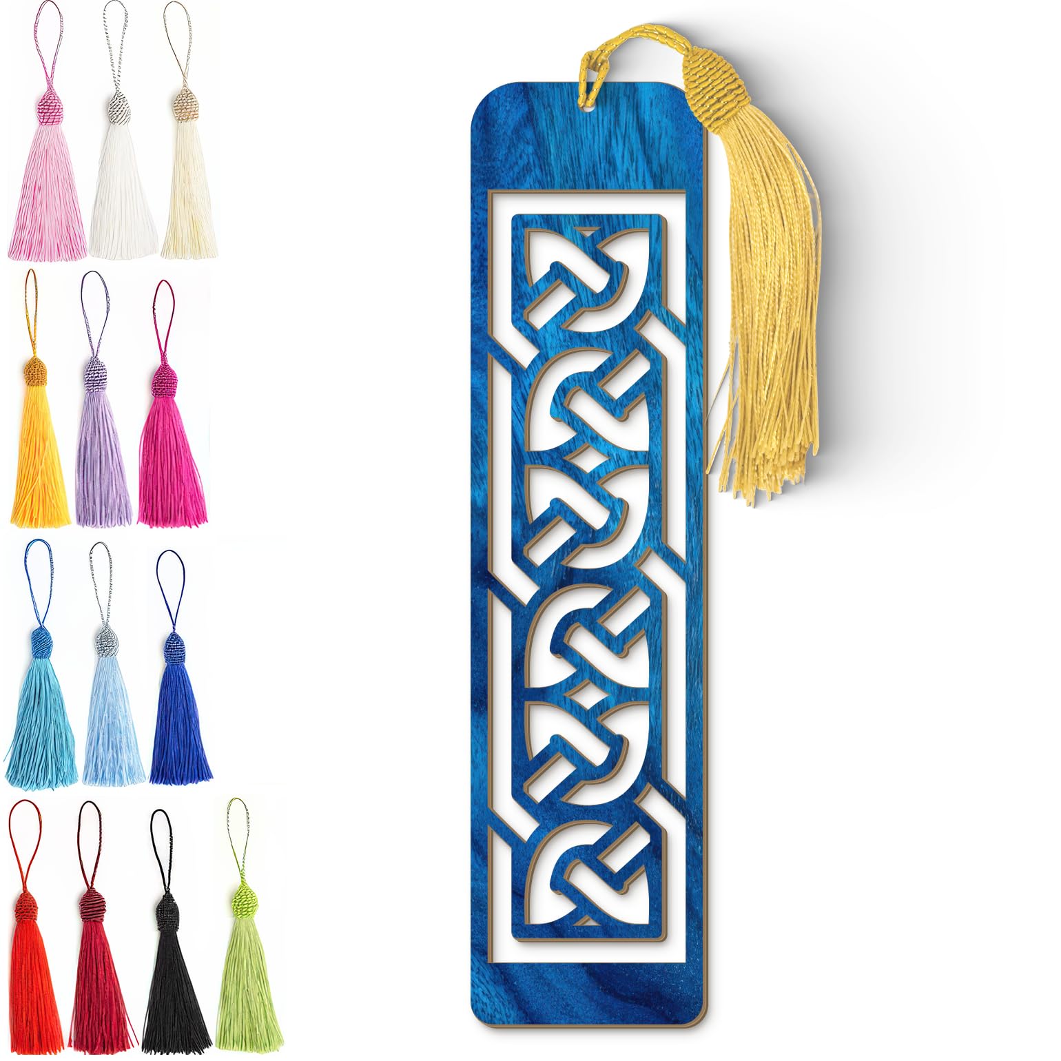 Celtic Wooden Bookmark – Laser Cut Interlocking Knot Design | Blue Wood Finish Tassel