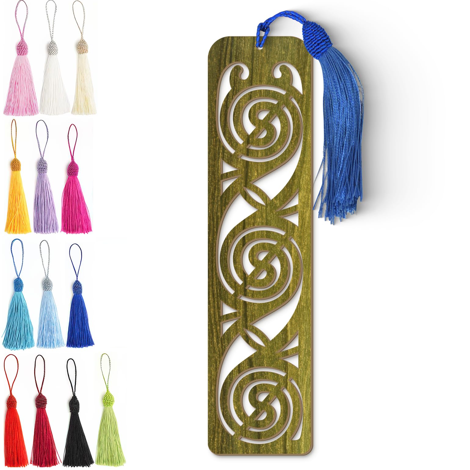 Wooden Bookmark - Celtic Spiral Laser Cut Bookmark with Olive Green Finish & Tassel Charm