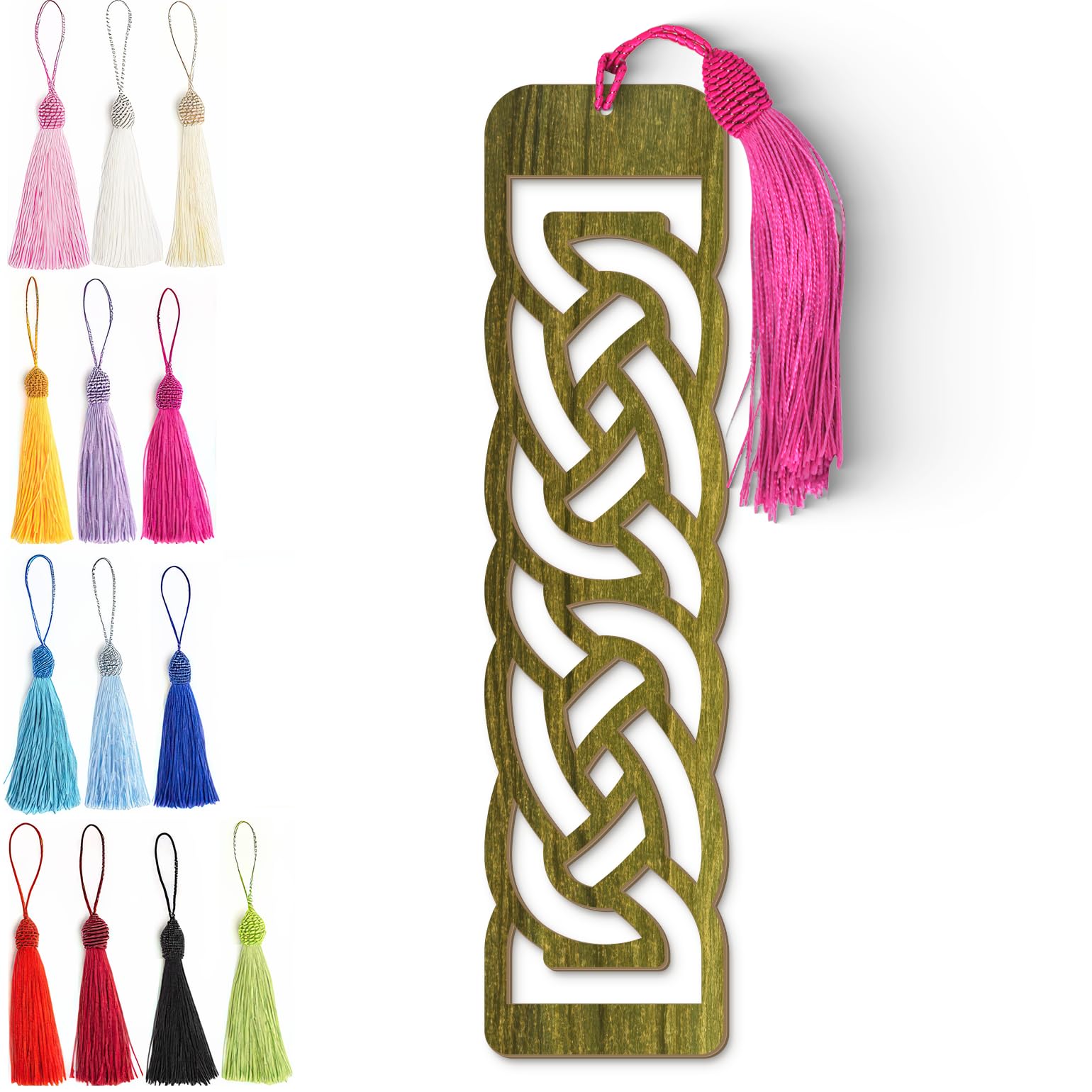 Celtic Wooden Bookmark – Laser Cut Olive Green Woodgrain Finish with Tassel