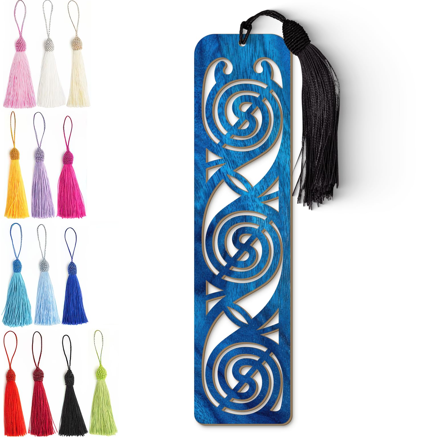 Celtic Wooden Bookmark – Laser Cut Triskele Design with Blue Wood Finish Tassel