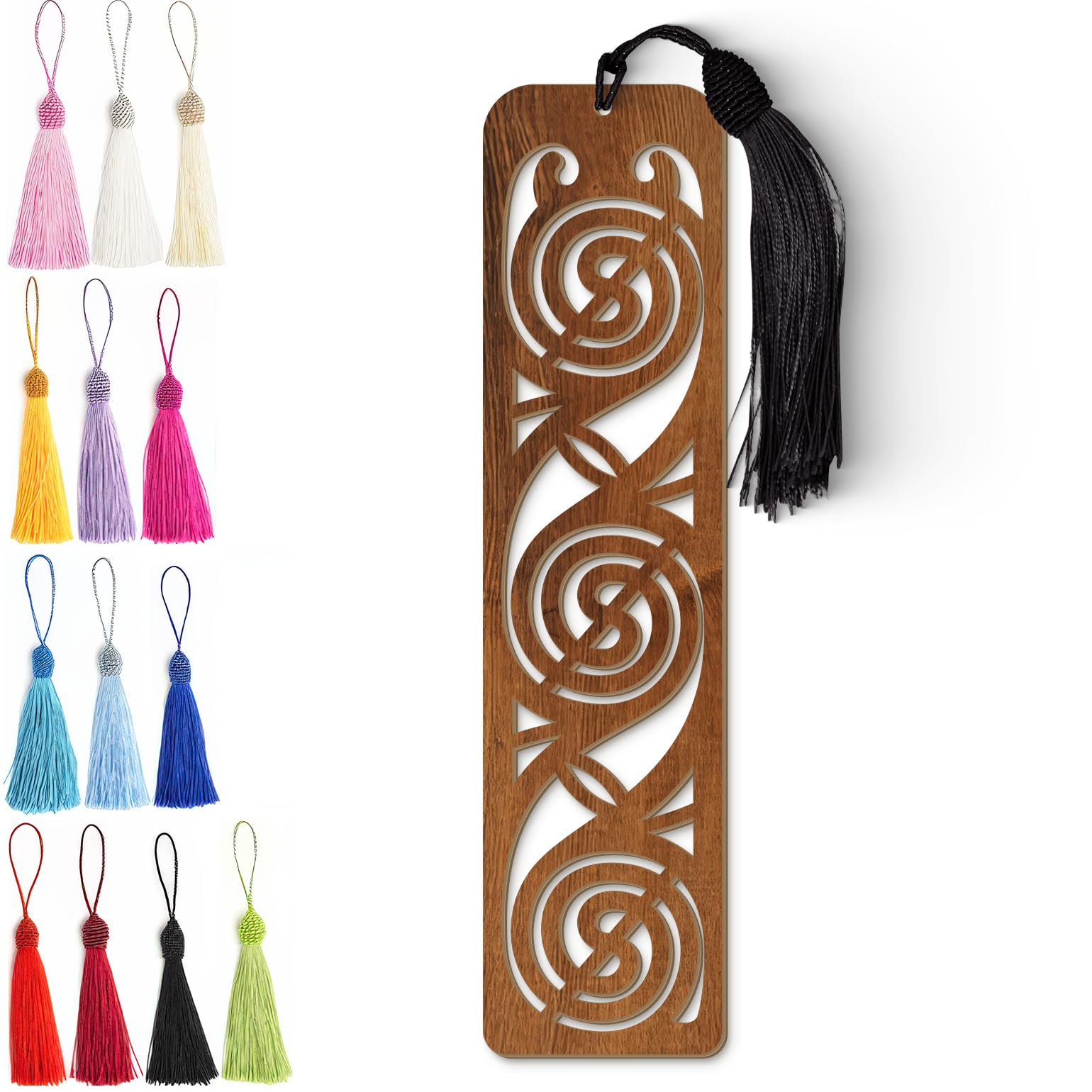 Wooden Bookmark | Celtic Spiral Design - Laser Cut Dark Wood Finish with Tassel