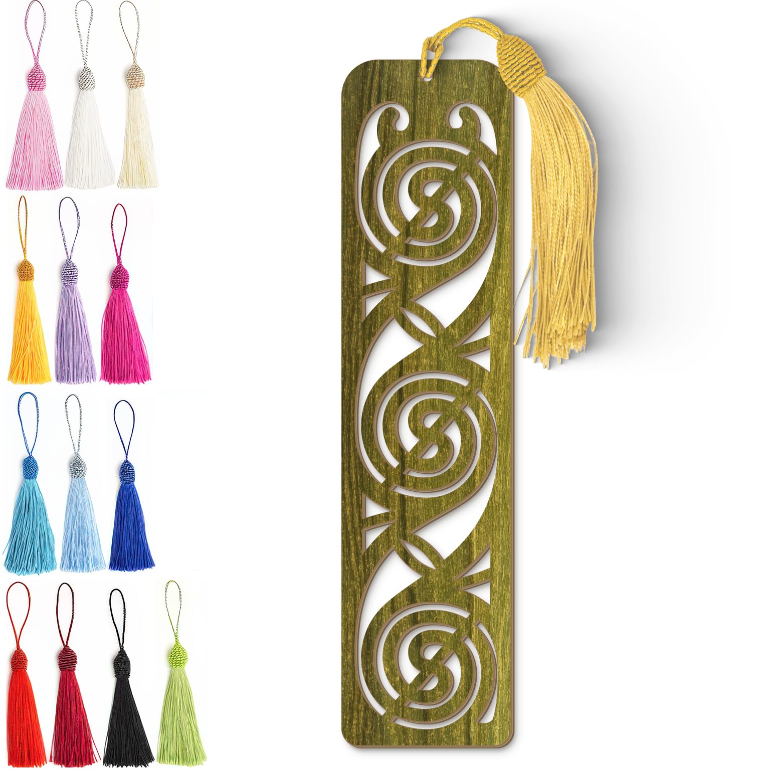 Wooden Bookmark - Celtic Spiral Laser Cut Bookmark with Olive Green Finish & Tassel Charm