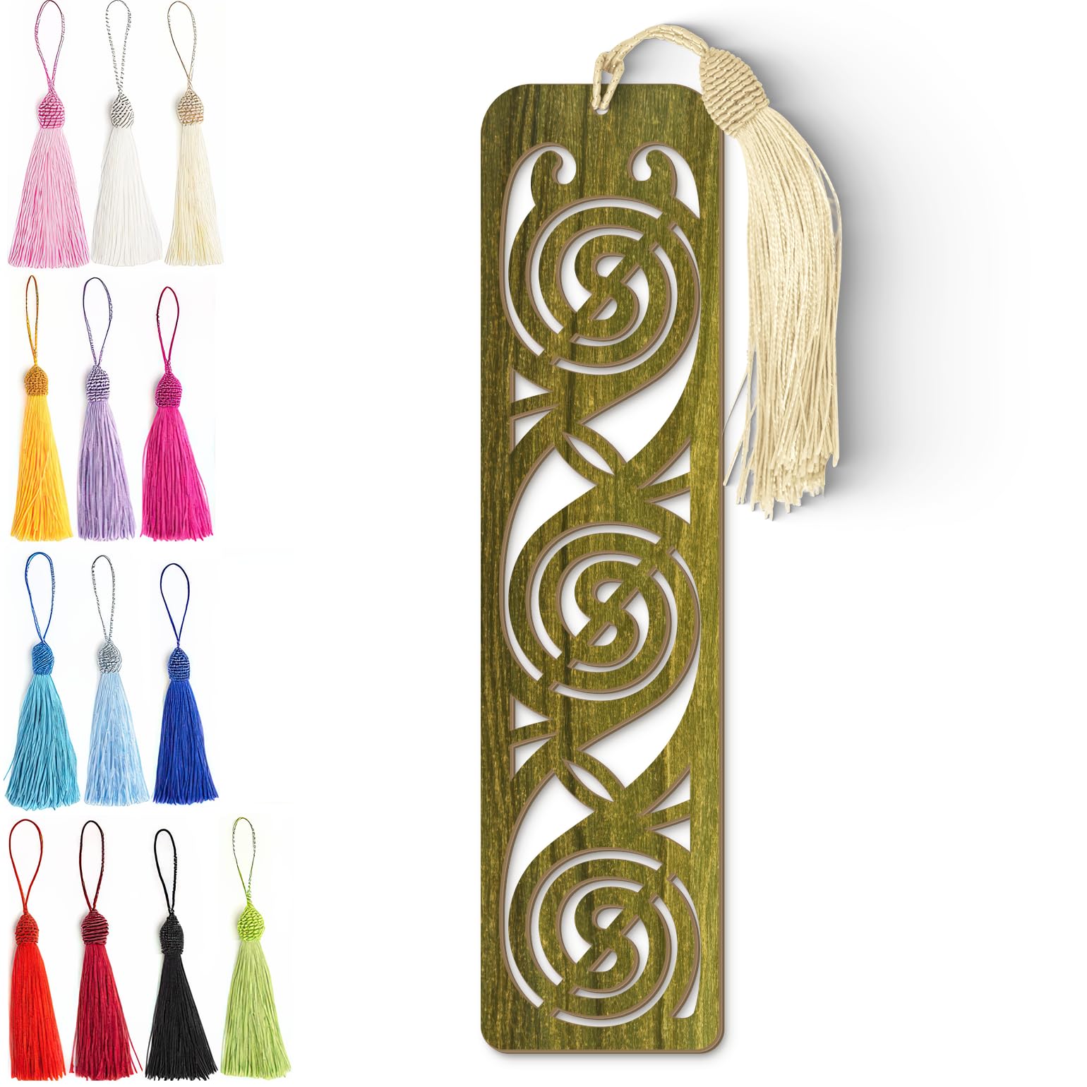 Wooden Bookmark - Celtic Spiral Laser Cut Bookmark with Olive Green Finish & Tassel Charm