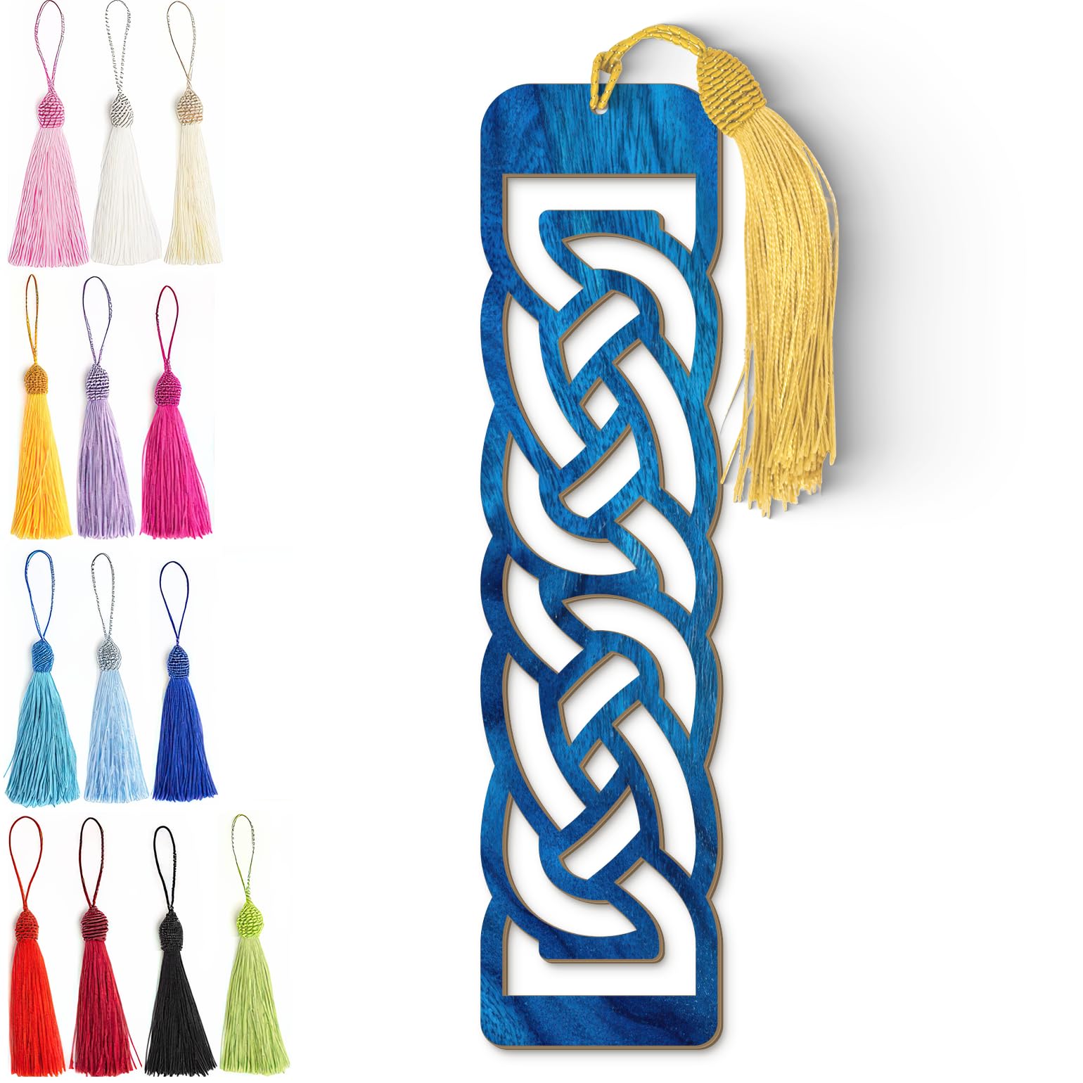 Celtic Wooden Bookmark – Laser Cut Interlocking Knot Design | Blue Wood Finish Tassel