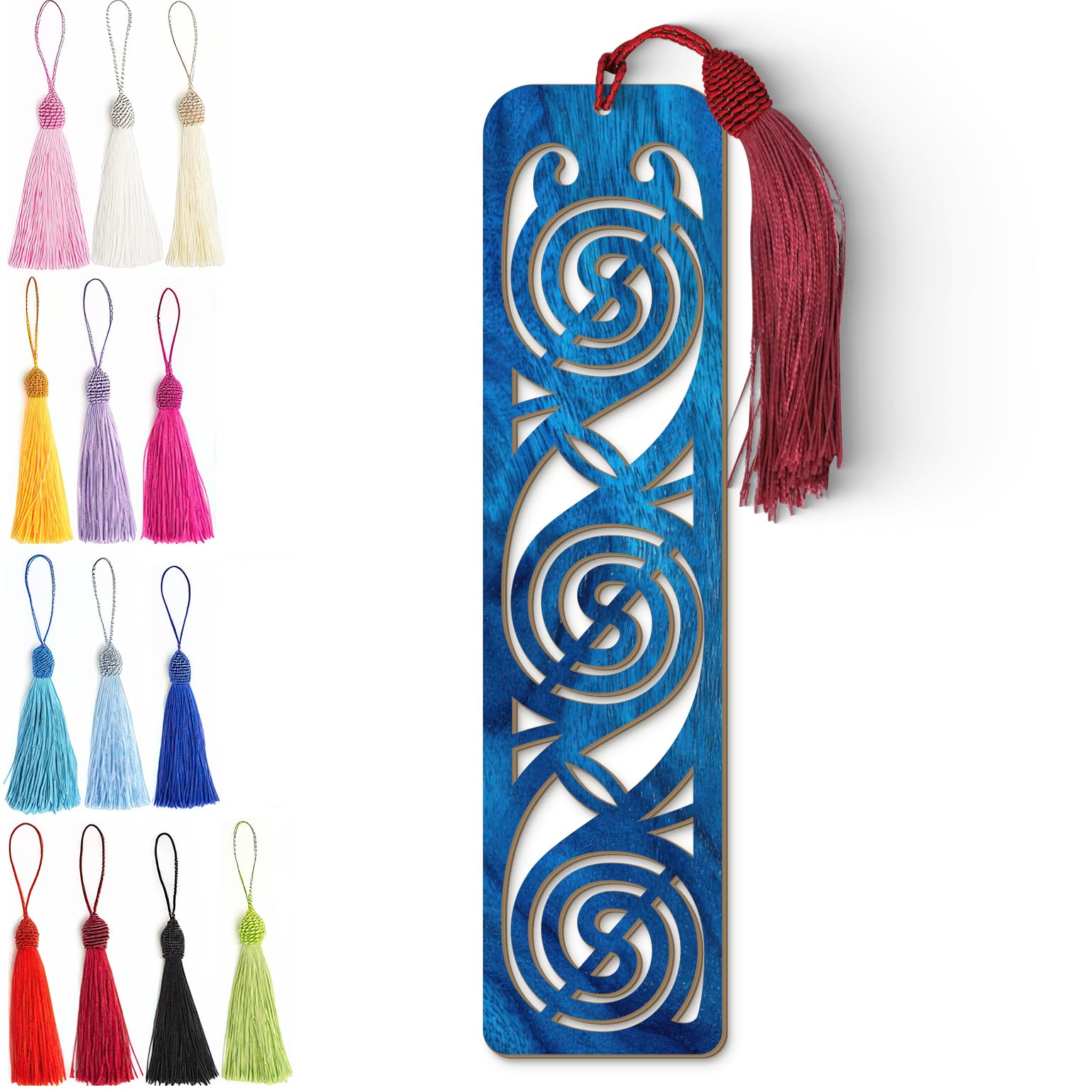 Celtic Wooden Bookmark – Laser Cut Triskele Design with Blue Wood Finish Tassel
