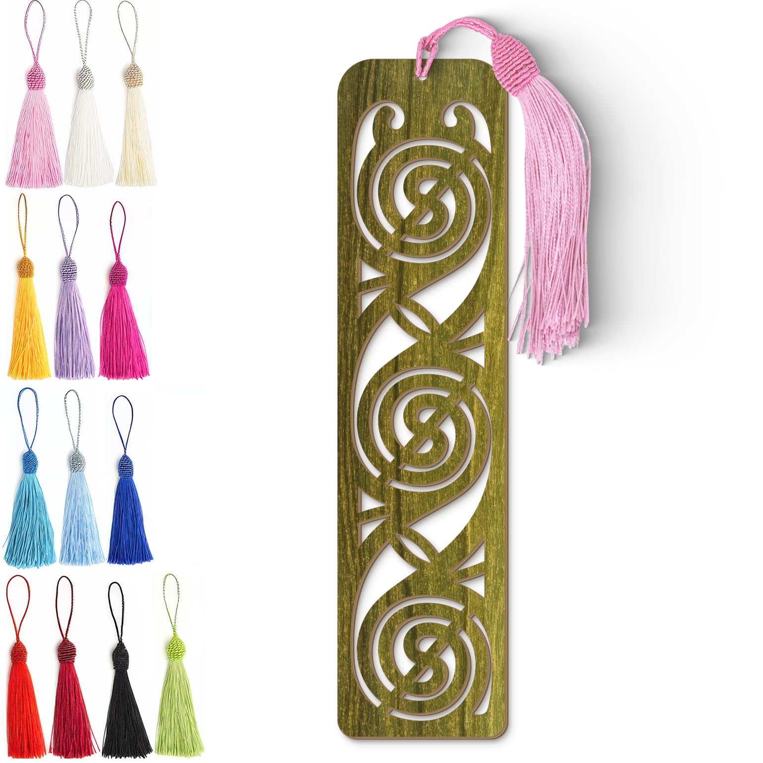 Wooden Bookmark - Celtic Spiral Laser Cut Bookmark with Olive Green Finish & Tassel Charm
