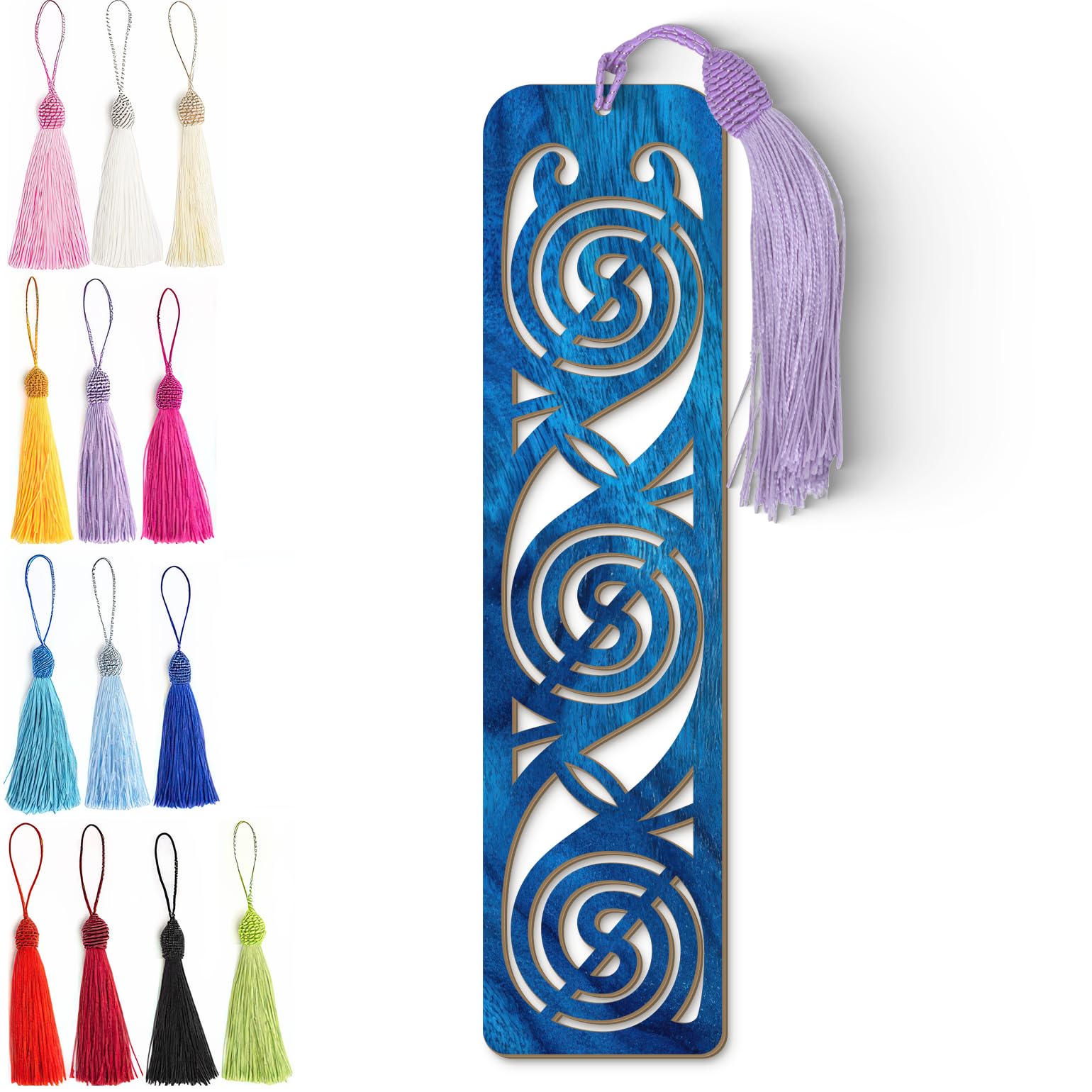 Celtic Wooden Bookmark – Laser Cut Triskele Design with Blue Wood Finish Tassel