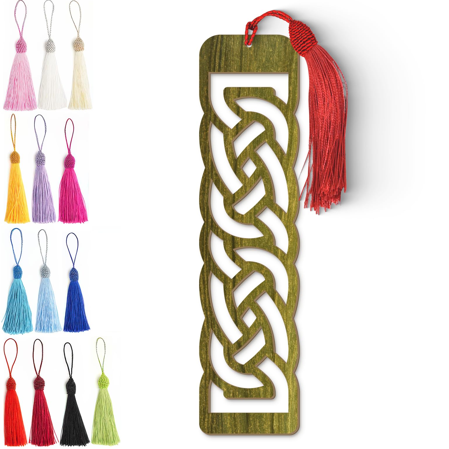 Celtic Wooden Bookmark – Laser Cut Olive Green Woodgrain Finish with Tassel