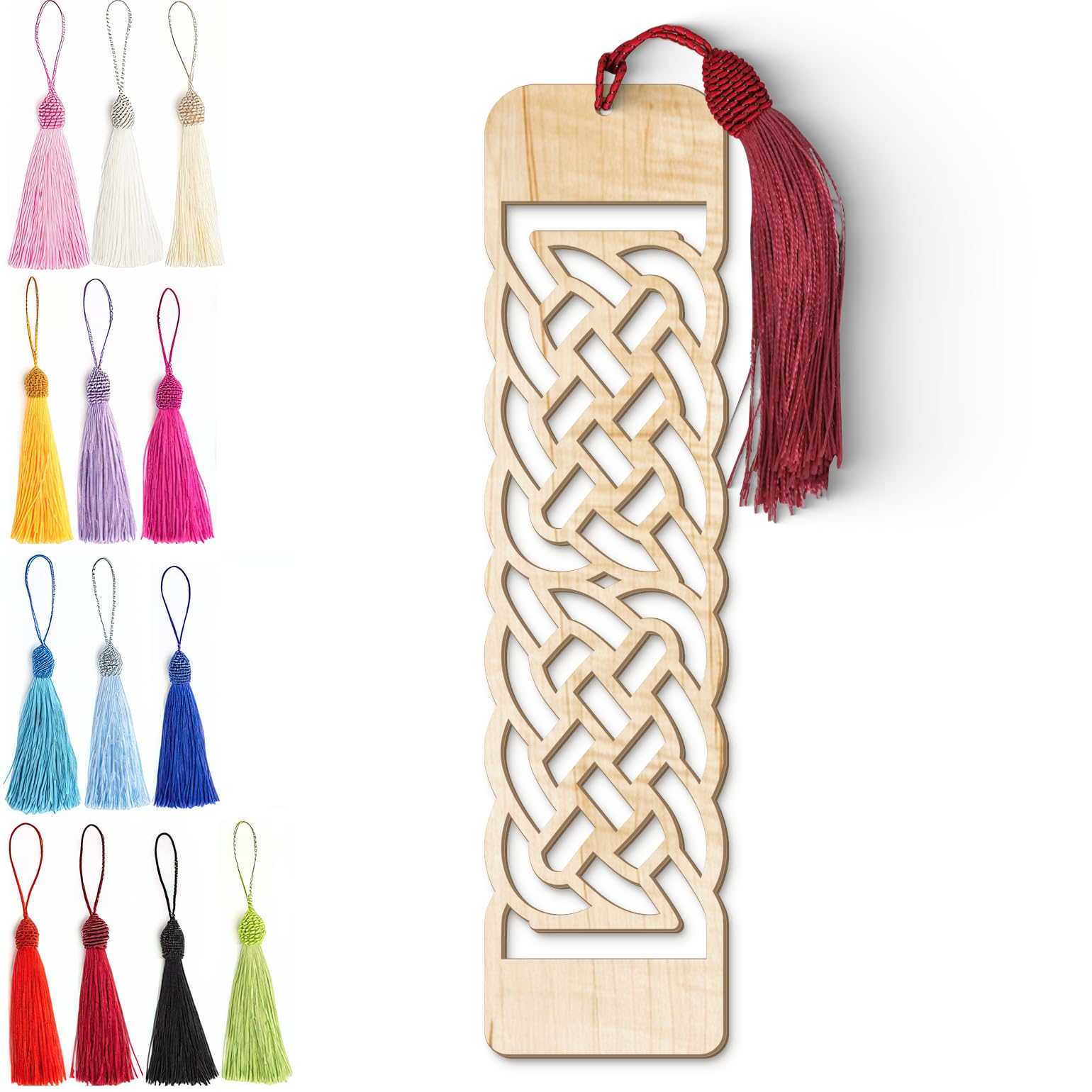 Celtic Knotted Braid Wooden Bookmark with Tassel – Intricate Laser-Cut Light Wood Grain Design