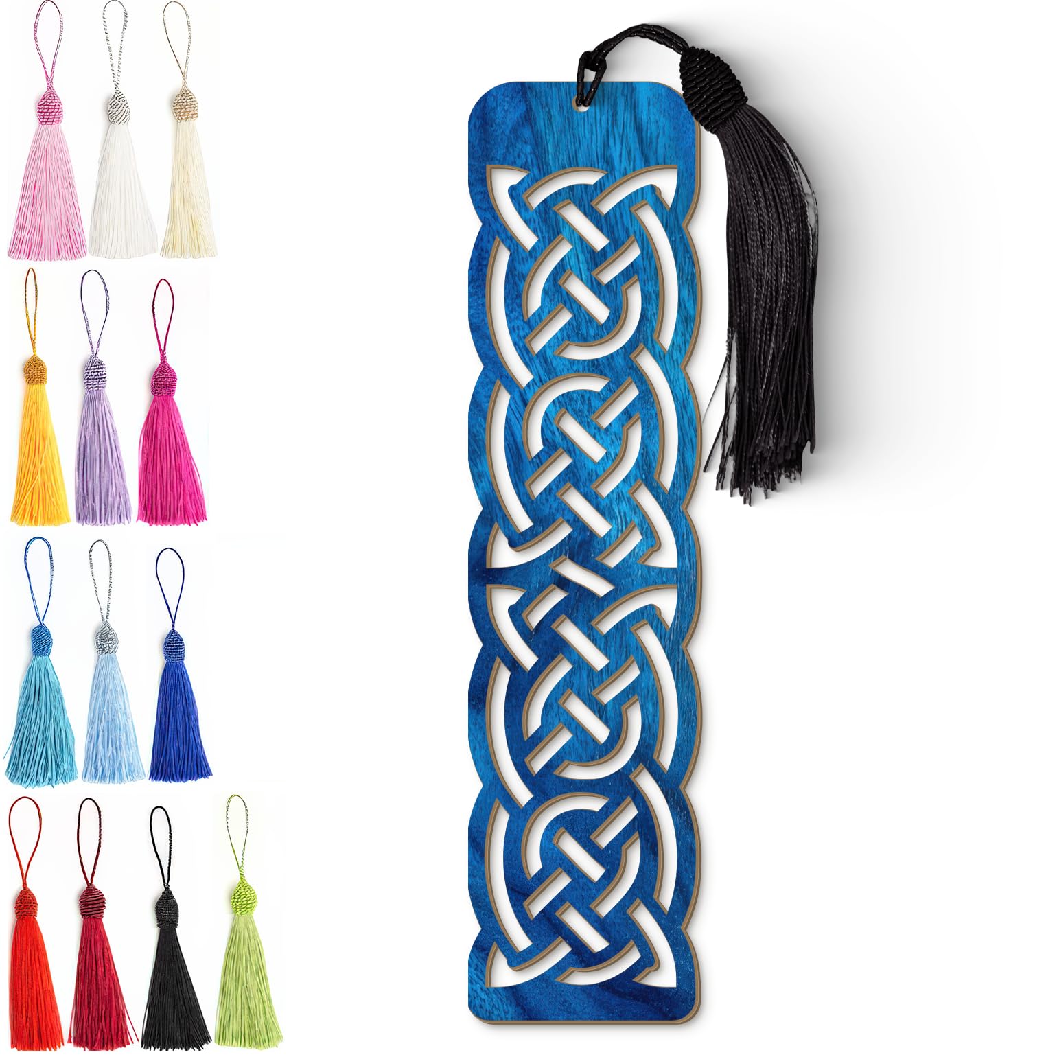 Celtic Wooden Bookmark – Handmade Laser Cut Blue Wood Knot Design with Tassel
