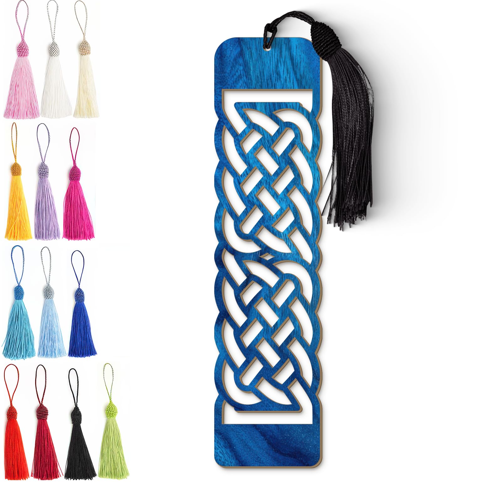 Celtic Wooden Bookmark – Laser Cut Blue Wood Grain Bookmark with Silky Tassel