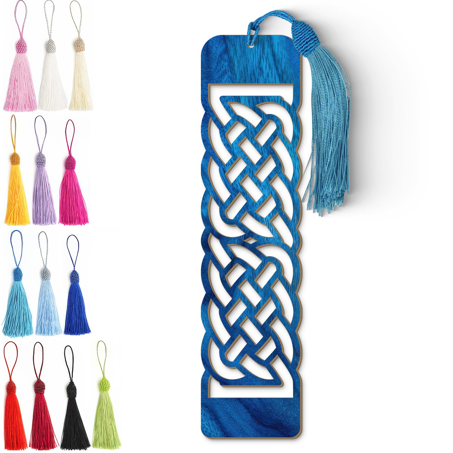 Celtic Wooden Bookmark – Laser Cut Blue Wood Grain Bookmark with Silky Tassel