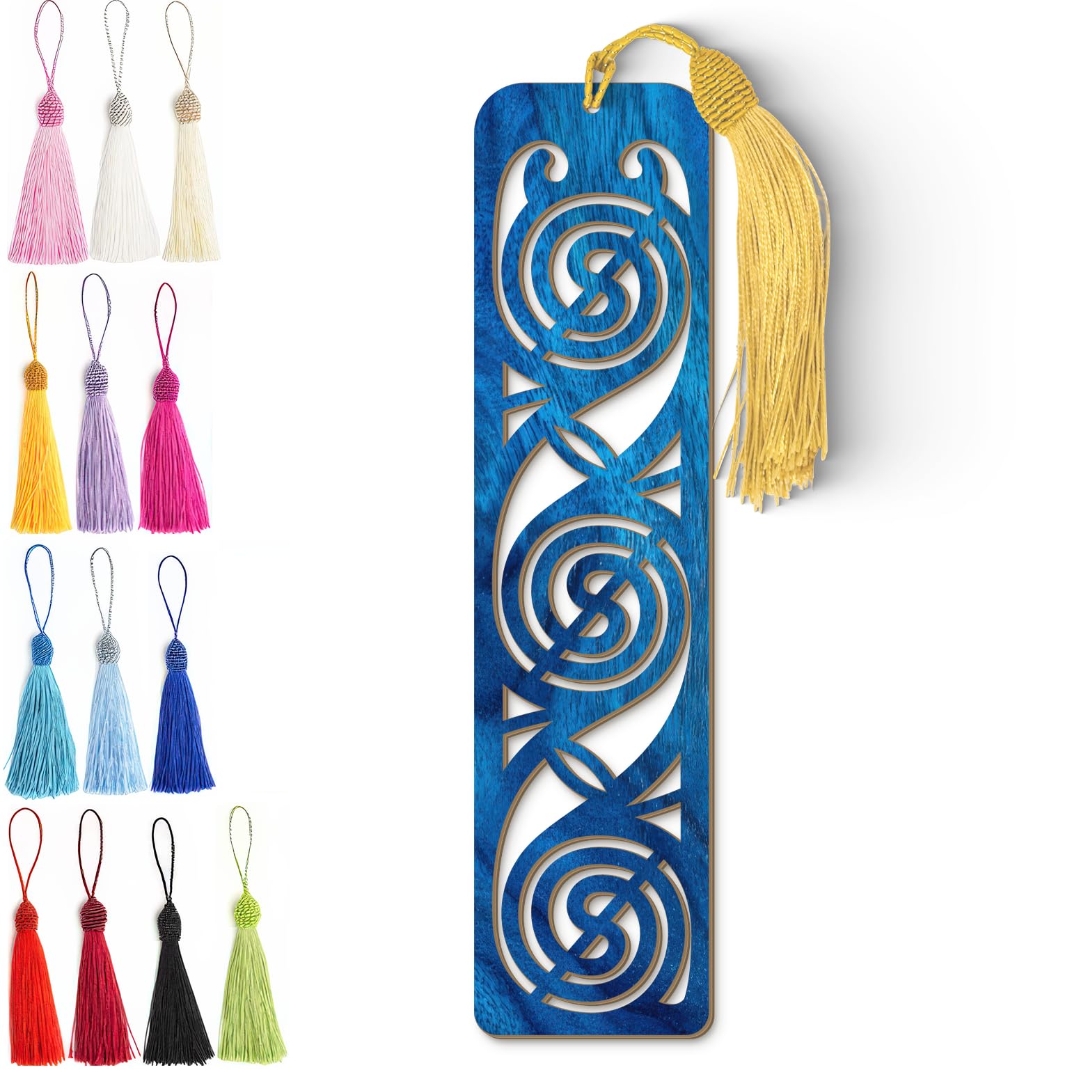 Celtic Wooden Bookmark – Laser Cut Triskele Design with Blue Wood Finish Tassel