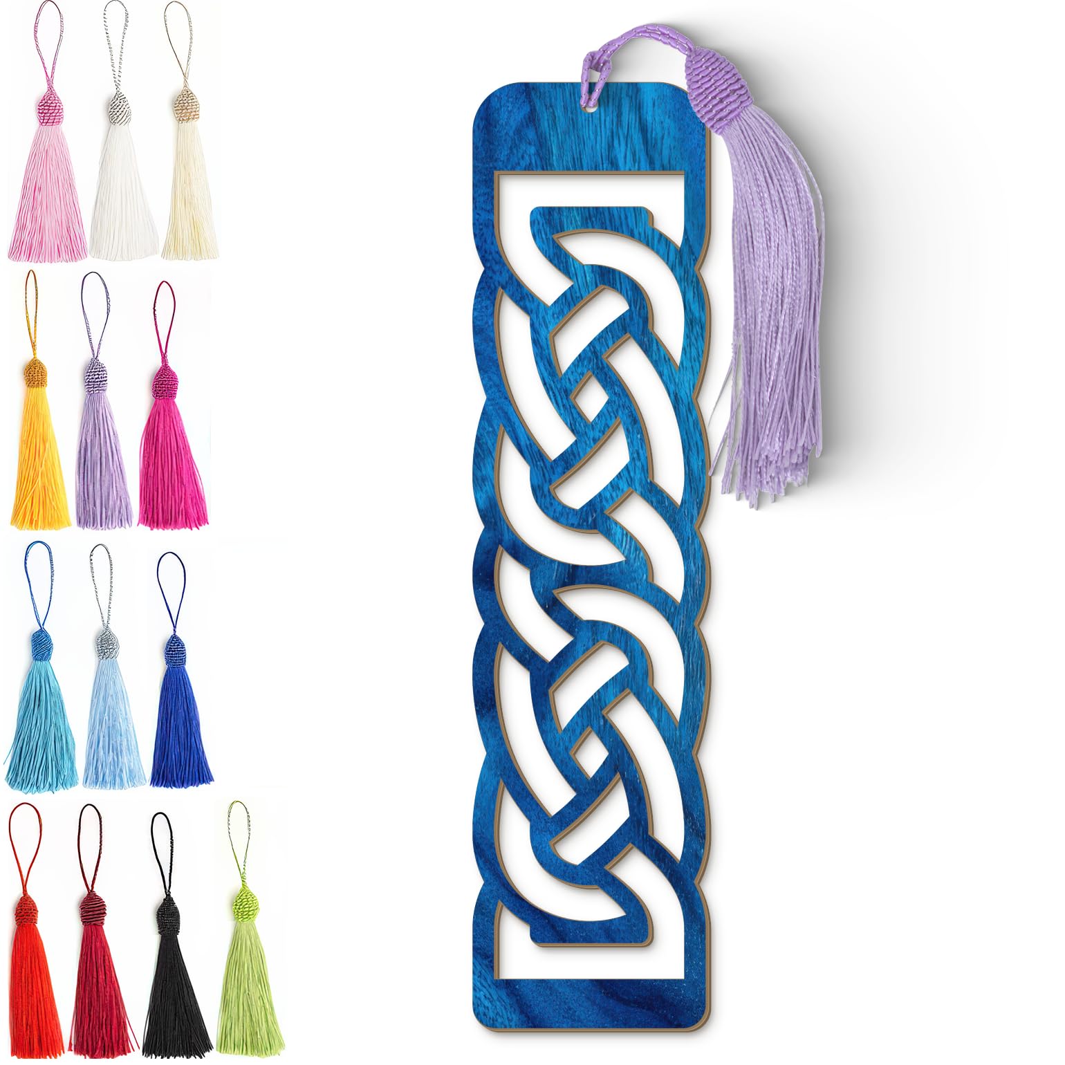 Celtic Wooden Bookmark – Laser Cut Interlocking Knot Design | Blue Wood Finish Tassel