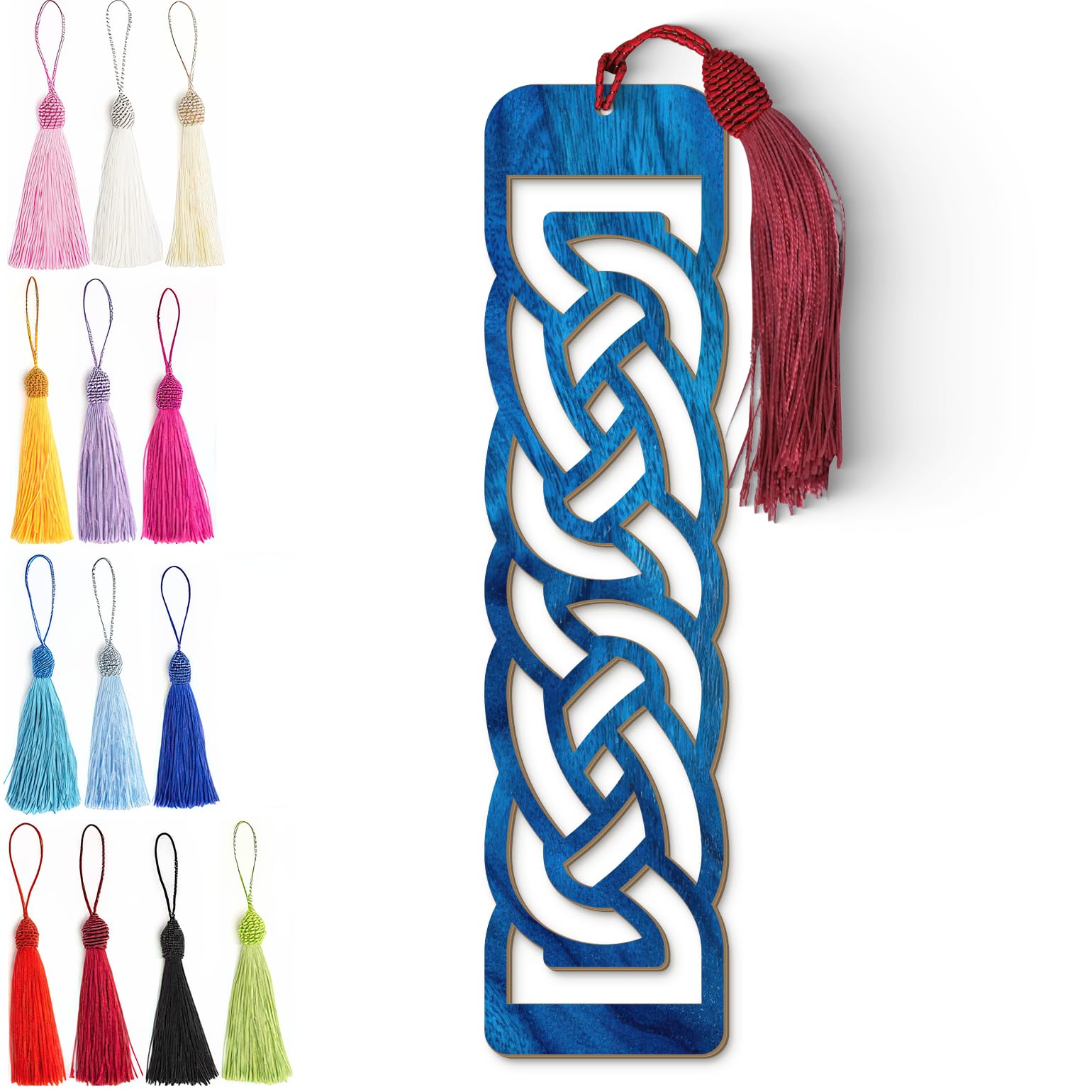 Celtic Wooden Bookmark – Laser Cut Interlocking Knot Design | Blue Wood Finish Tassel