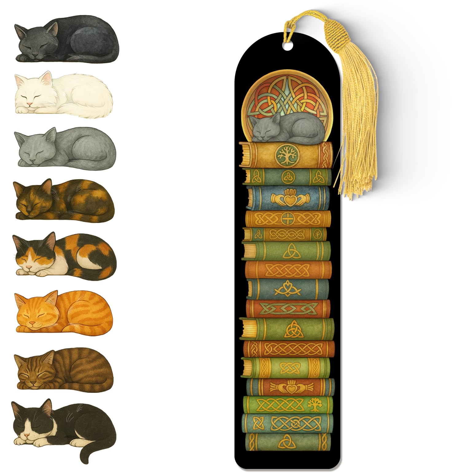 Celtic Cat Bookmark – Acrylic Sleeping Cat Design with Gold Tassel | Durable Book Lover Gift