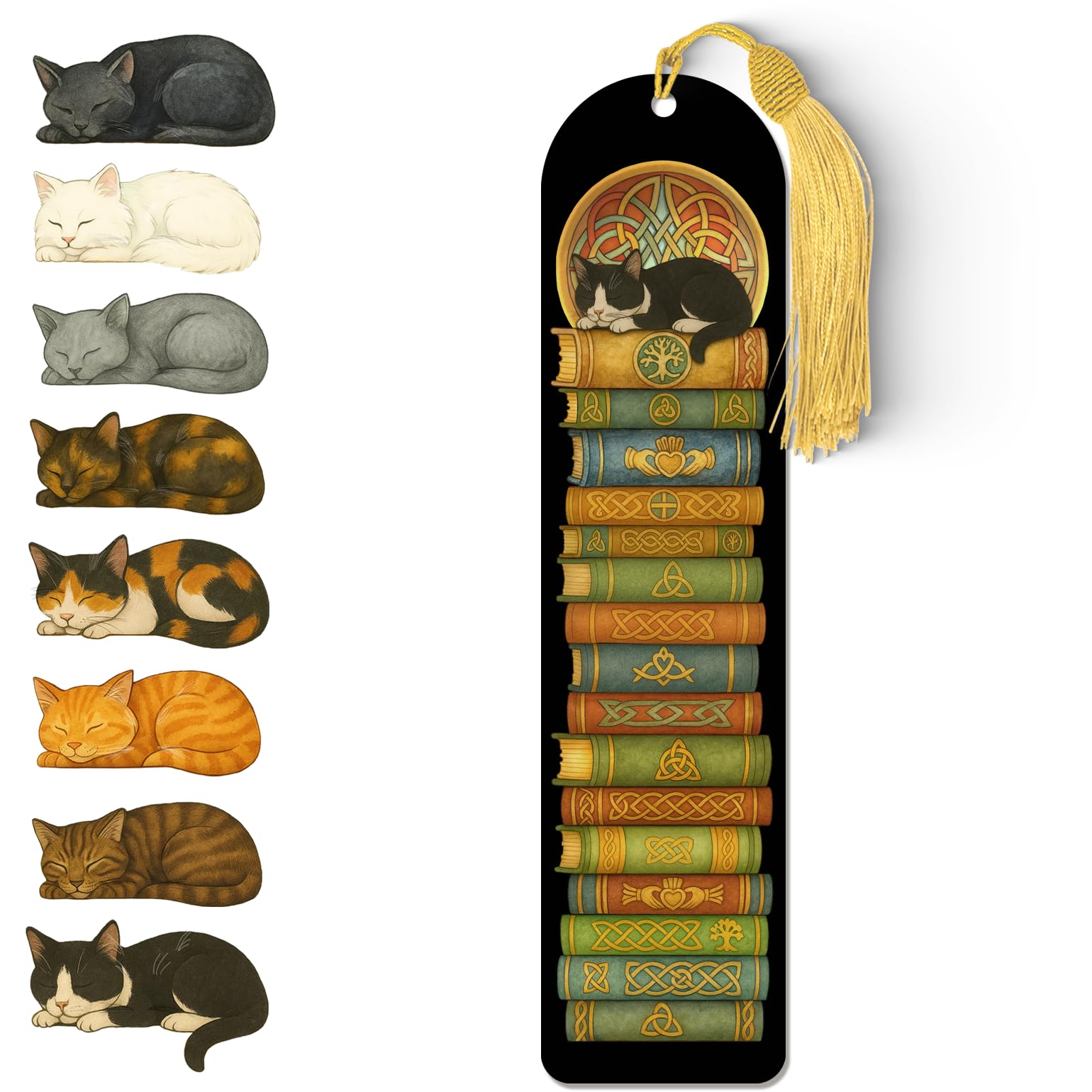 Celtic Cat Bookmark – Acrylic Sleeping Cat Design with Gold Tassel | Durable Book Lover Gift