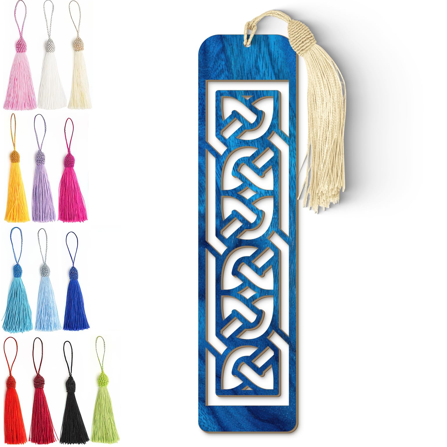 Celtic Wooden Bookmark – Laser Cut Interlocking Knot Design | Blue Wood Finish Tassel