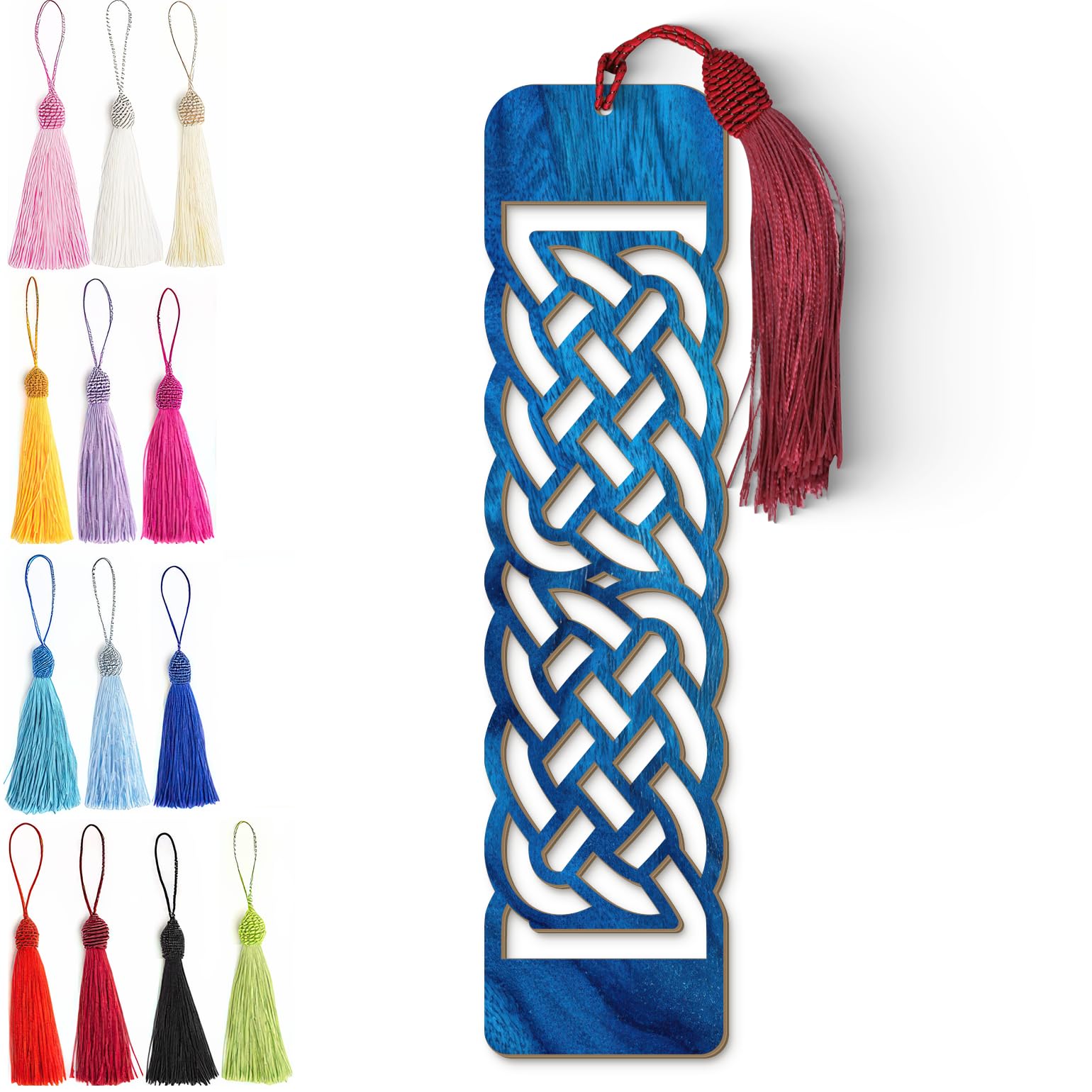 Celtic Wooden Bookmark – Laser Cut Blue Wood Grain Bookmark with Silky Tassel