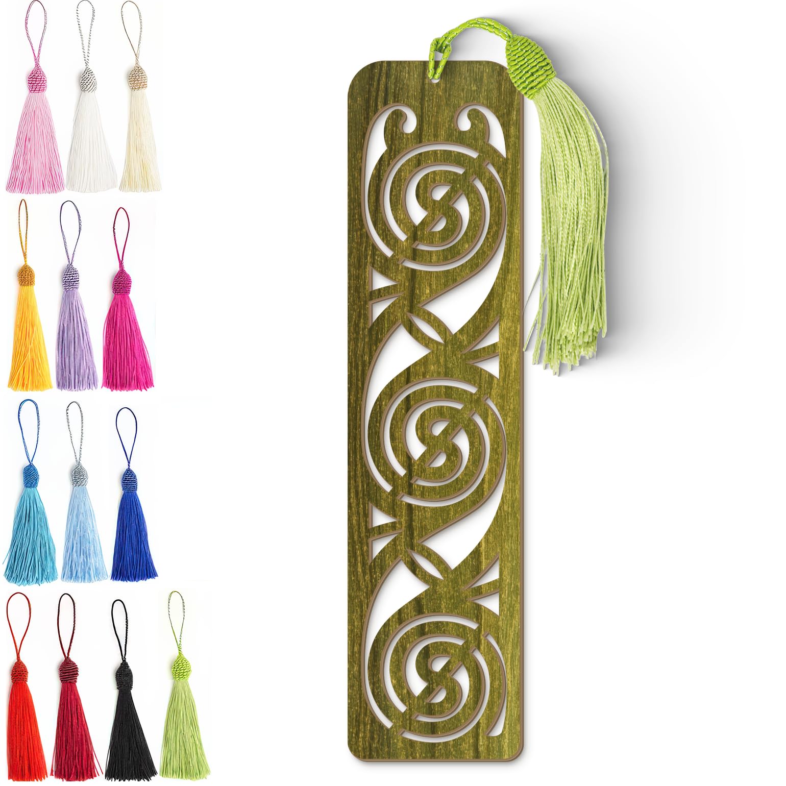 Wooden Bookmark - Celtic Spiral Laser Cut Bookmark with Olive Green Finish & Tassel Charm