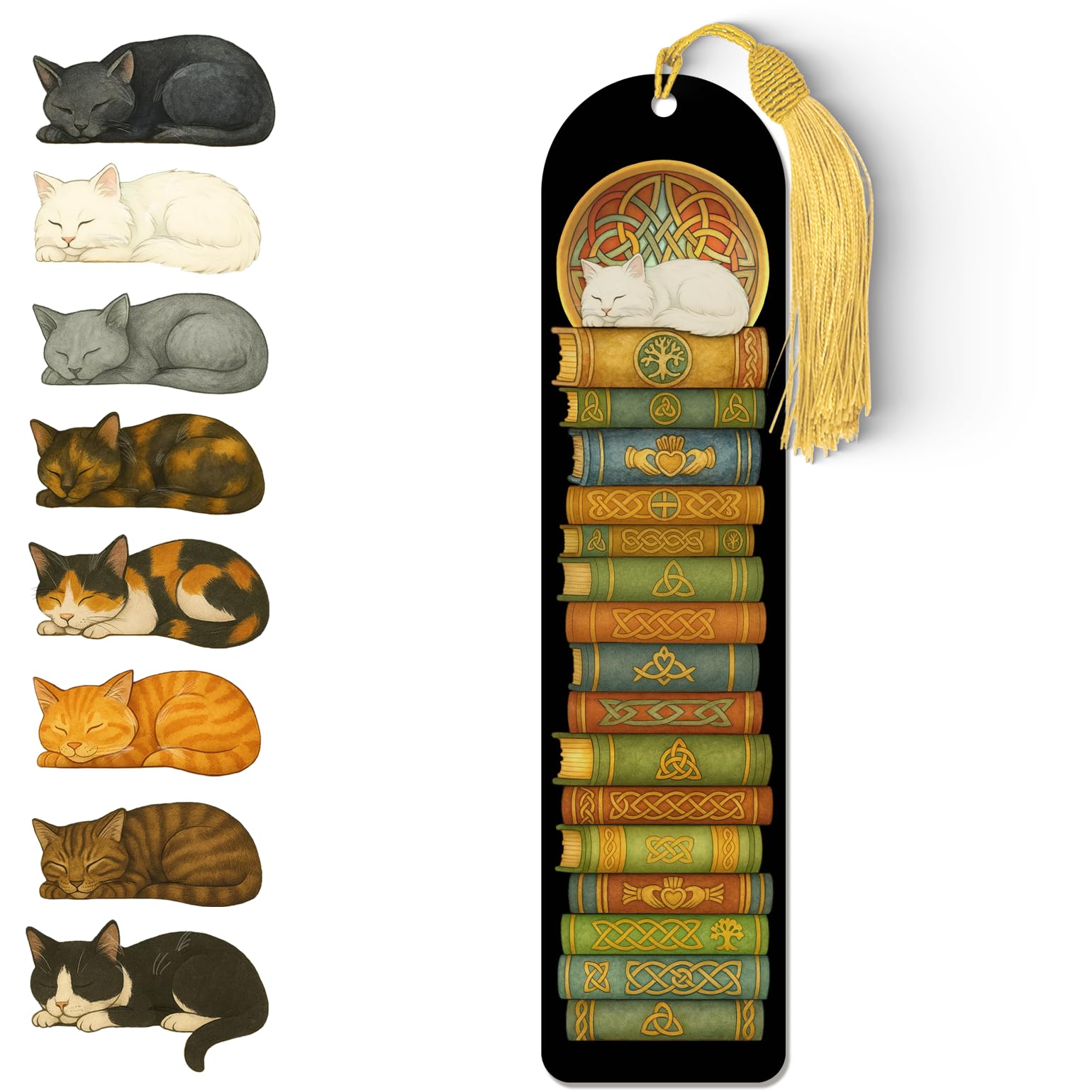 Celtic Cat Bookmark – Acrylic Sleeping Cat Design with Gold Tassel | Durable Book Lover Gift