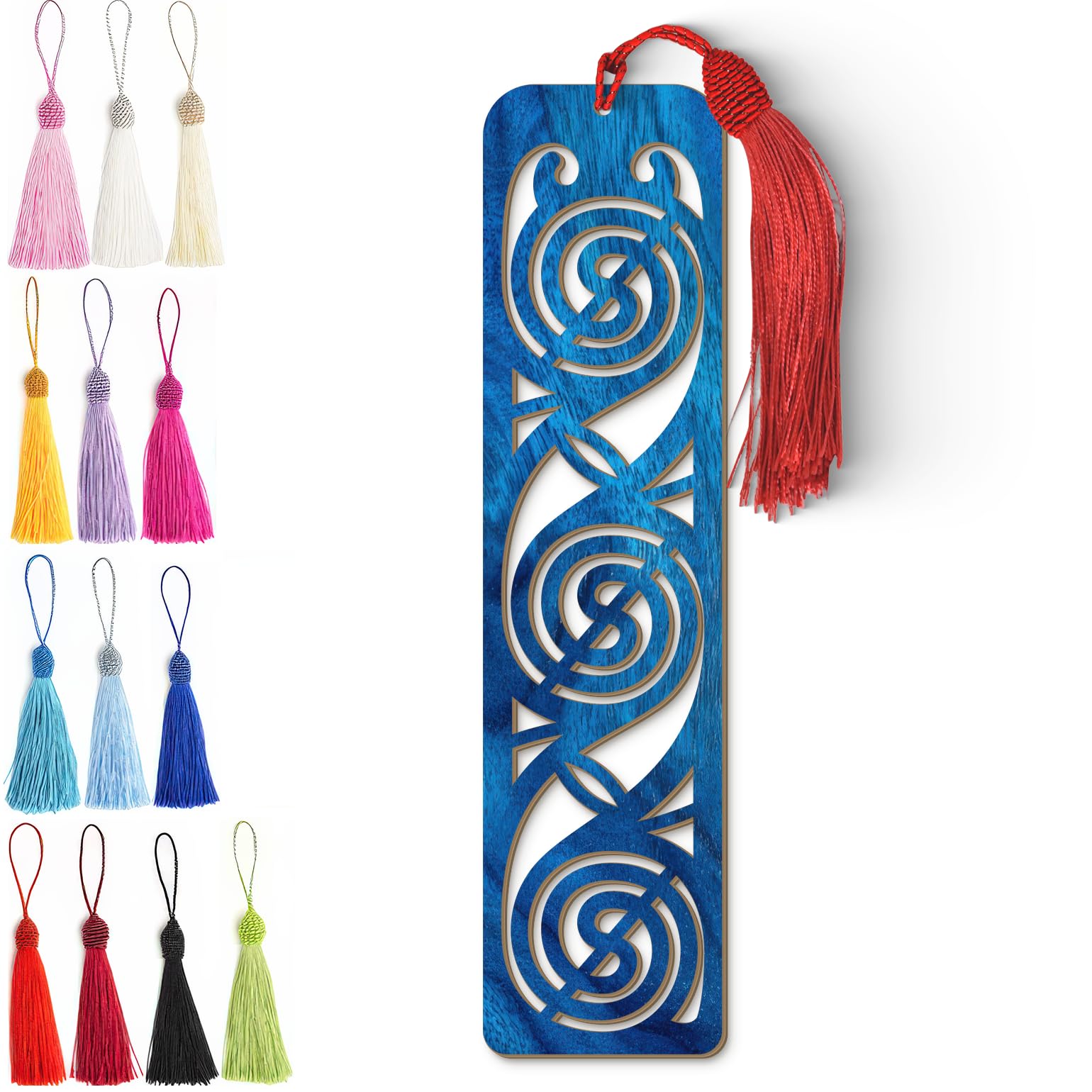 Celtic Wooden Bookmark – Laser Cut Triskele Design with Blue Wood Finish Tassel