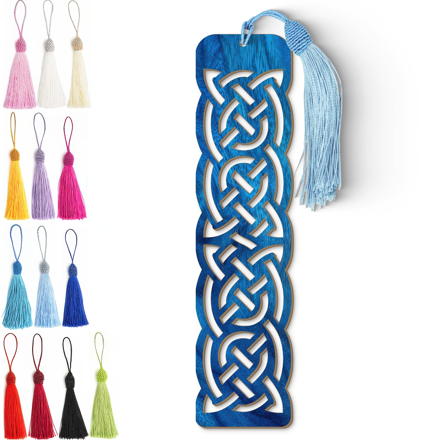 Celtic Wooden Bookmark – Handmade Laser Cut Blue Wood Knot Design with Tassel