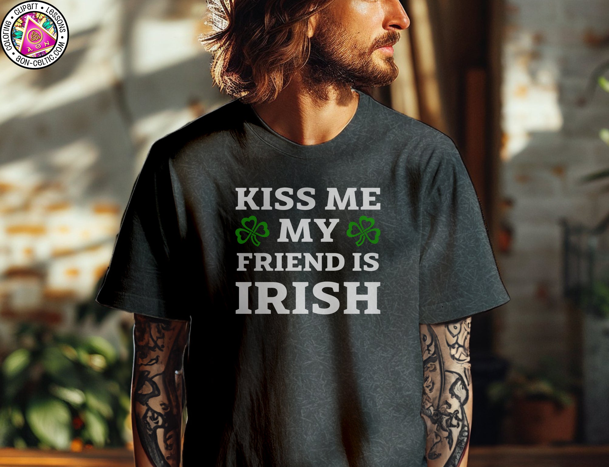 a man with long hair wearing a t - shirt that says kiss me my friend