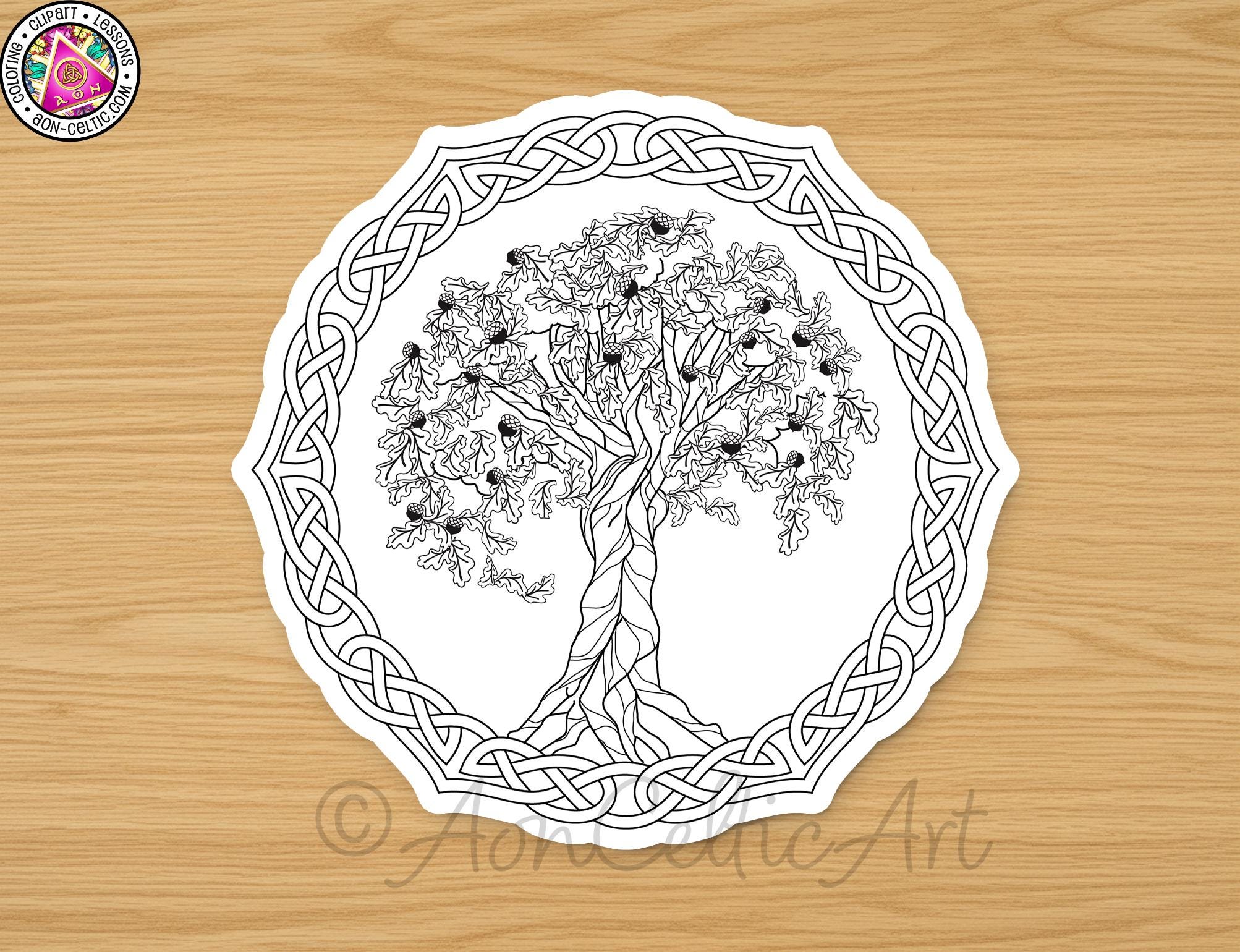 A detailed illustration of a tree with intricate Celtic knot patterns surrounding it, set against a wooden background.