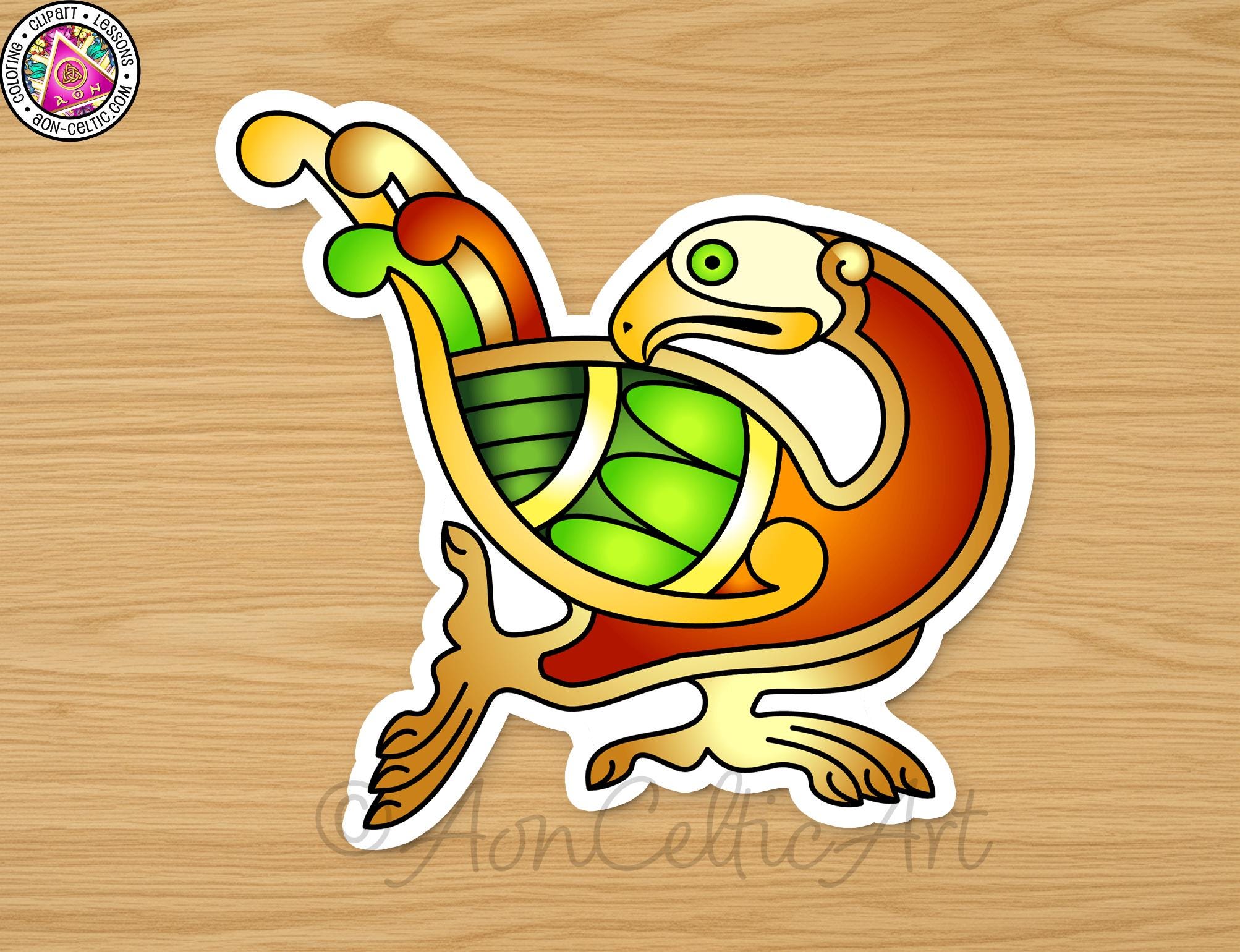 A colorful, stylized illustration of a bird or creature with a large head and a long neck, set against a wooden background.